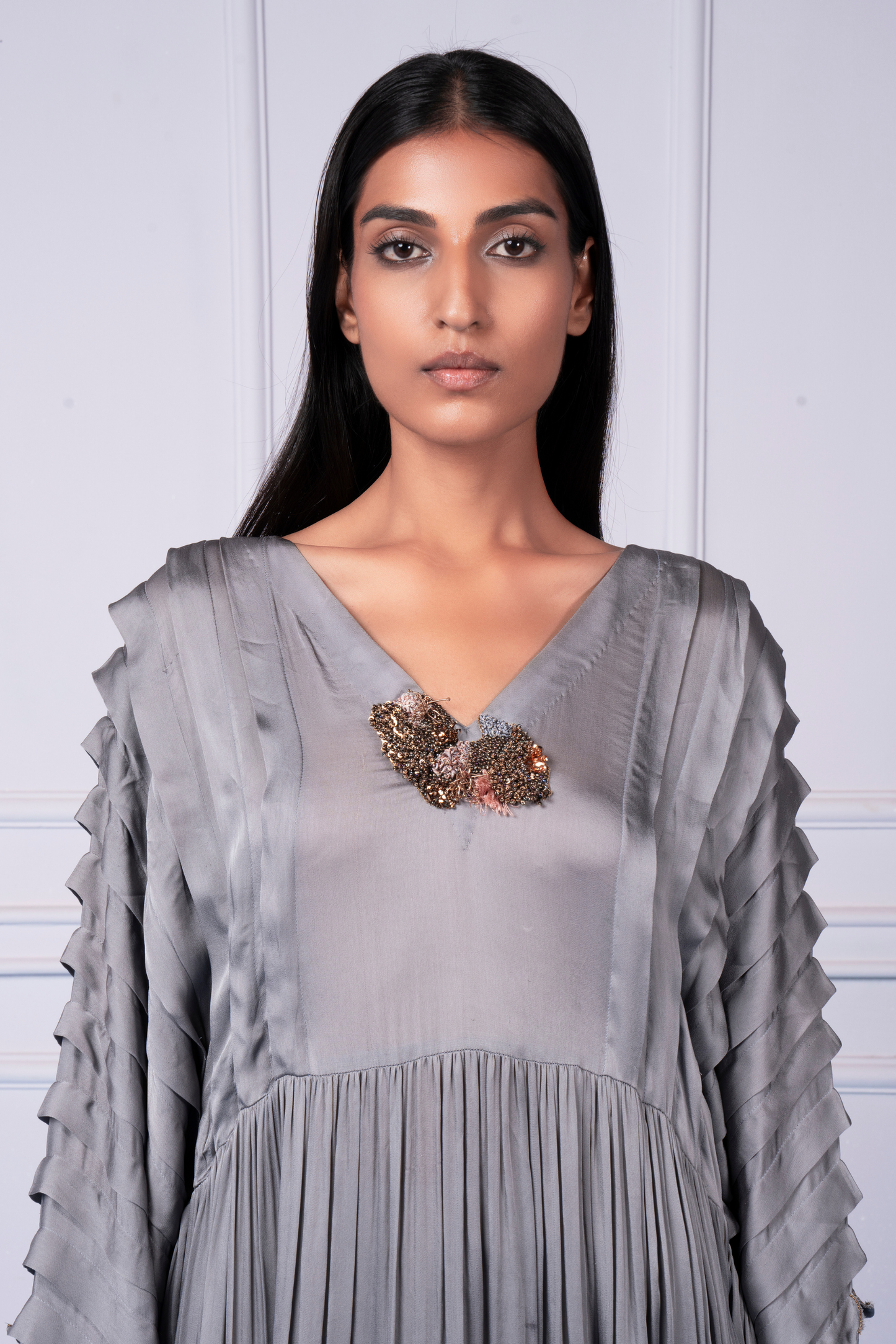 Close-up of the mushroom pleats and fabric details on the modern kurta for women