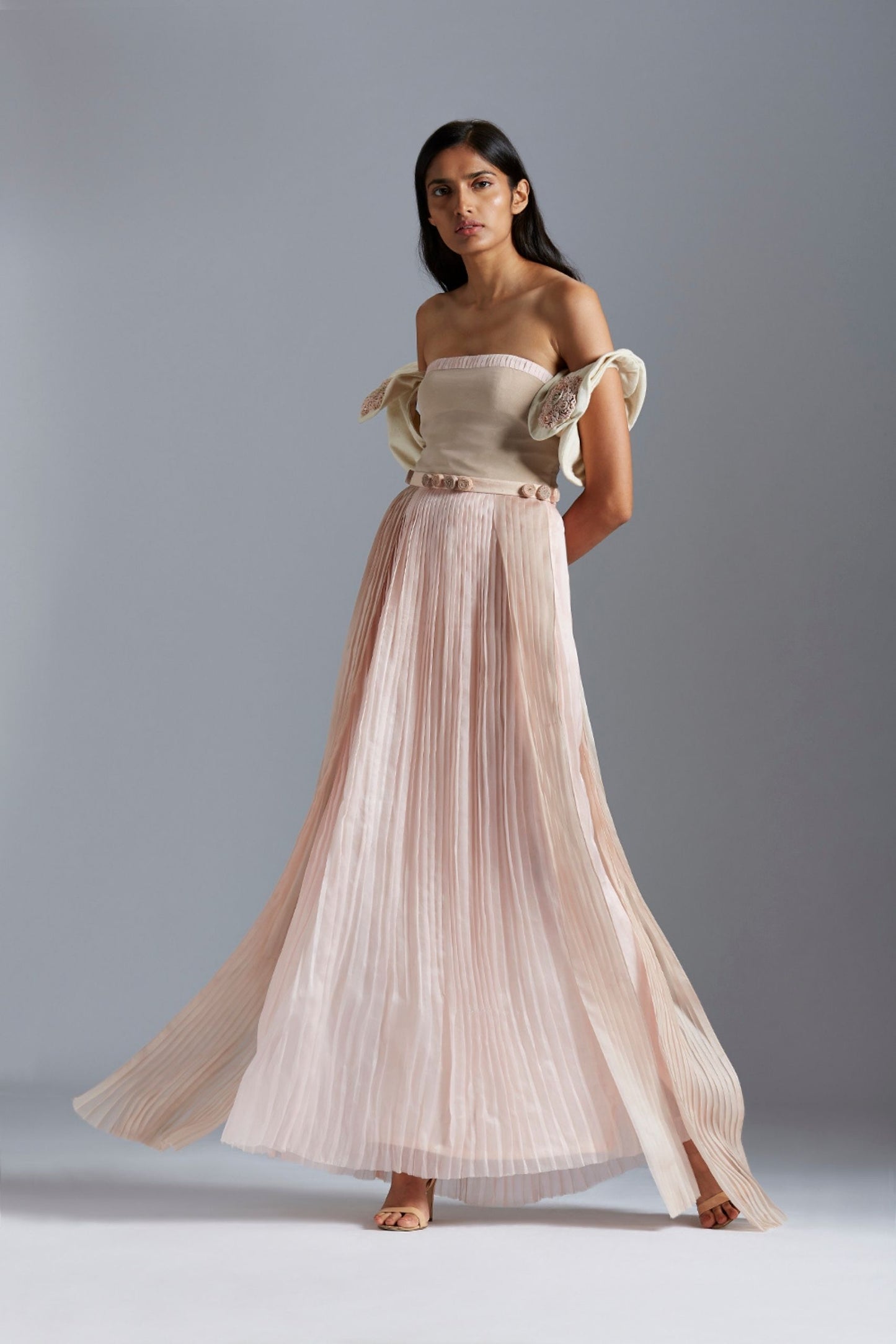Luxury pleated tube dress for women with handmade pleats and Peruette sleeves in satin organza, modern and stylish designer dress