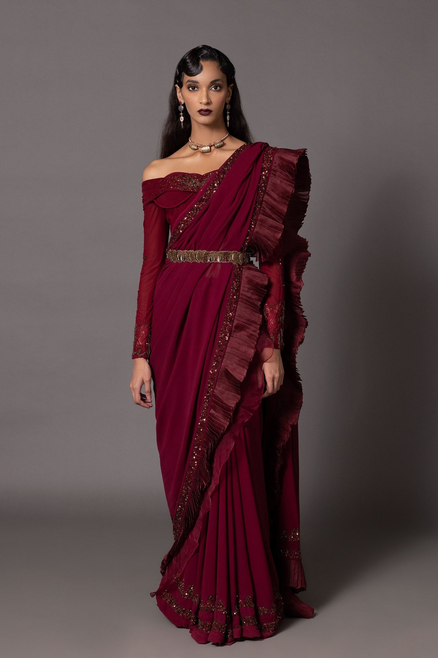 Maroon sequin saree blouse – off-shoulder blouse style with intricate beadwork and embroidery, perfect for designer sarees.