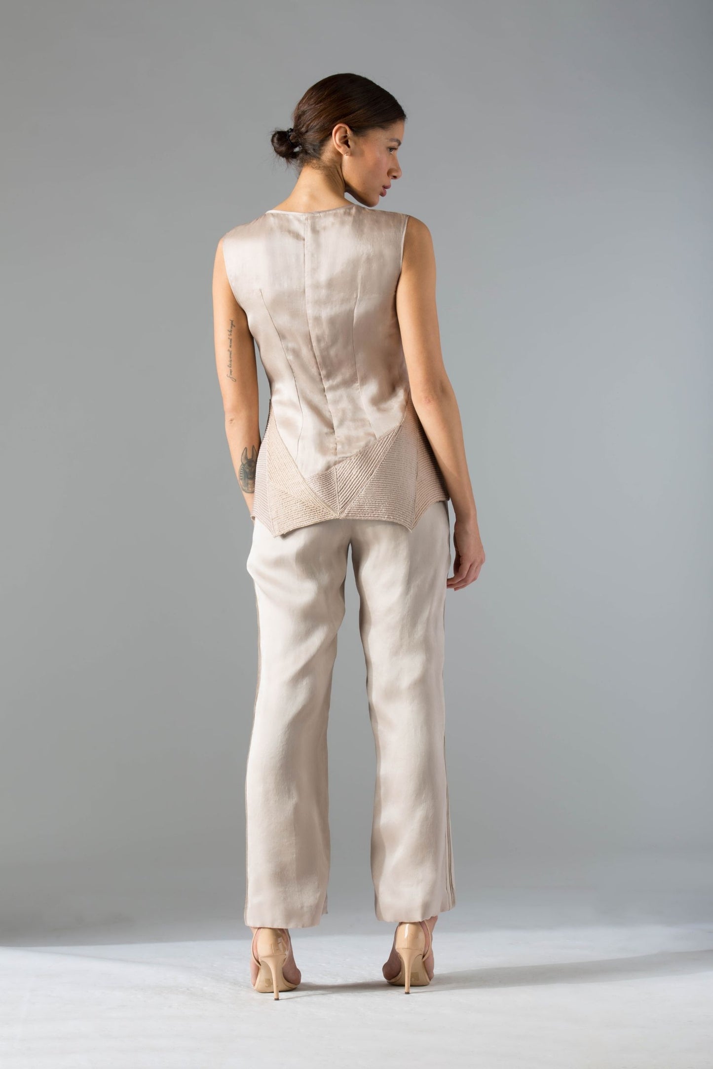 Back view of the co-ords set for women, showcasing the tailored fit and fabric manipulation details