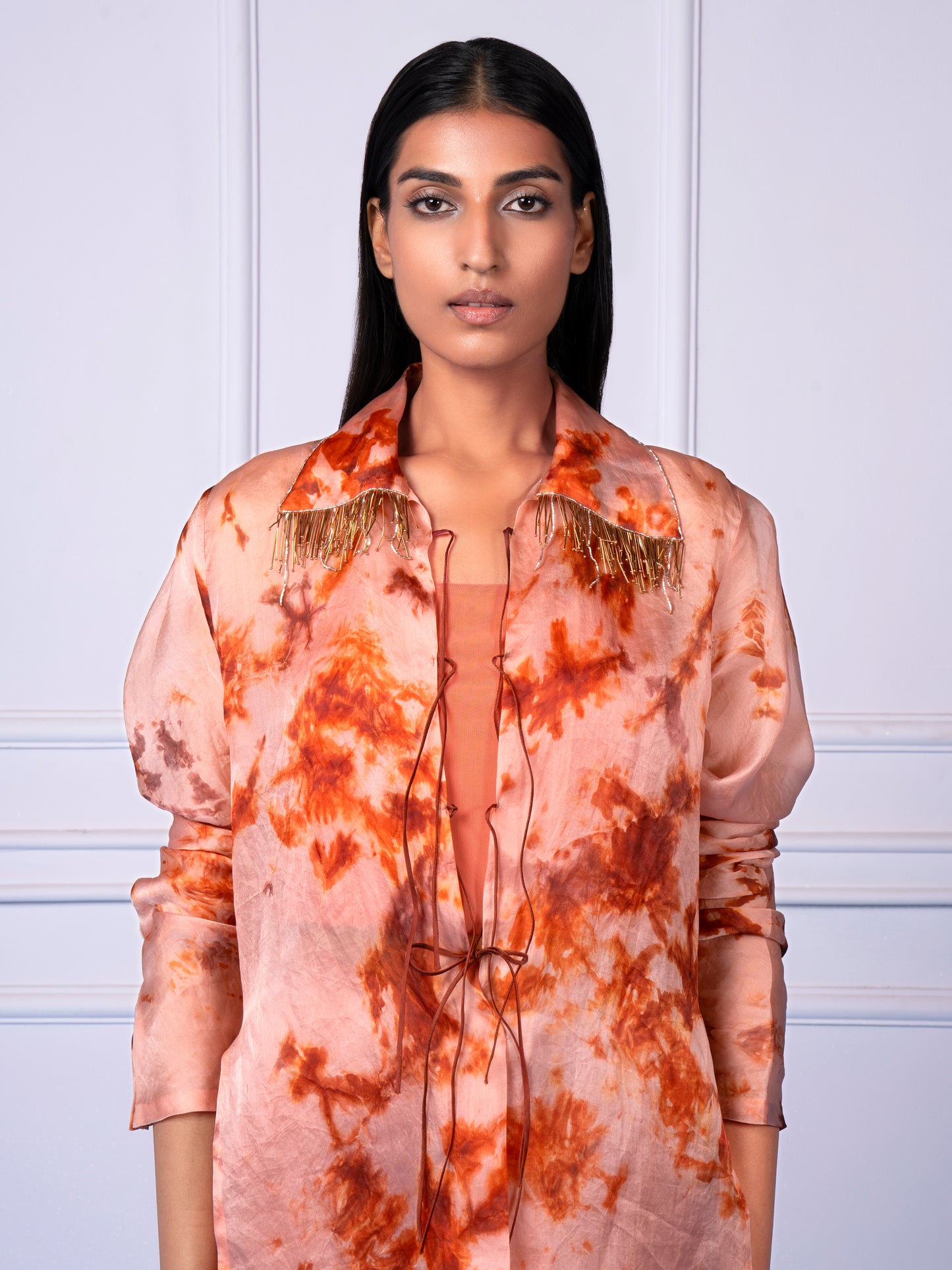 Close-up view of Abhra Shirt Kurta for women, showcasing hand embroidery and intricate design details