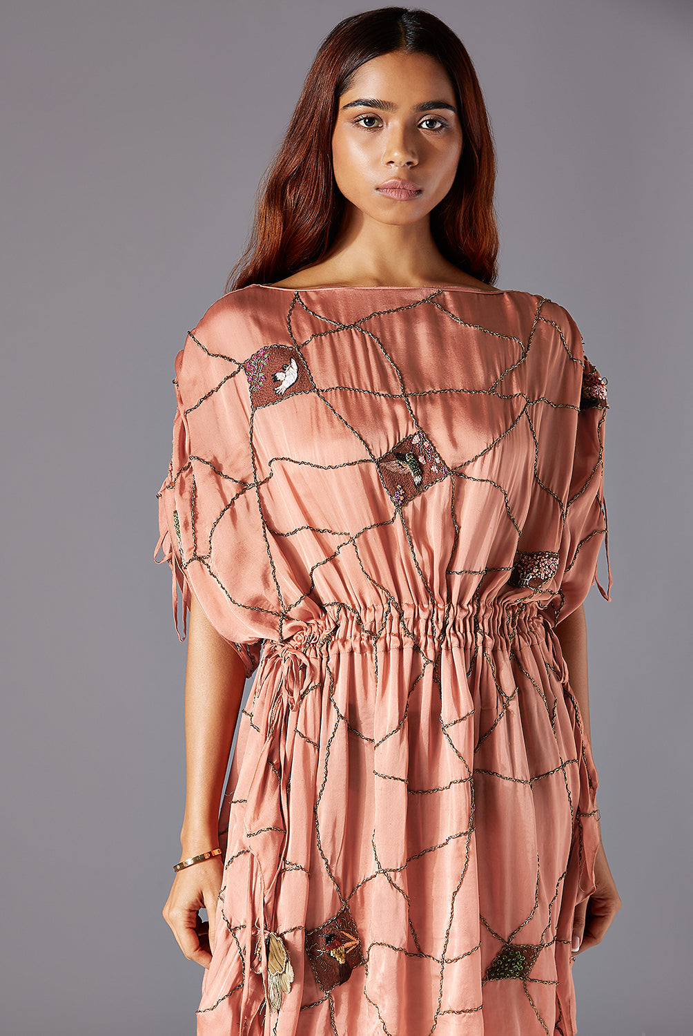 Close-up of Nature-Inspired Embroidery on Barberry Kaftan Dress - Luxury Women's Fashion