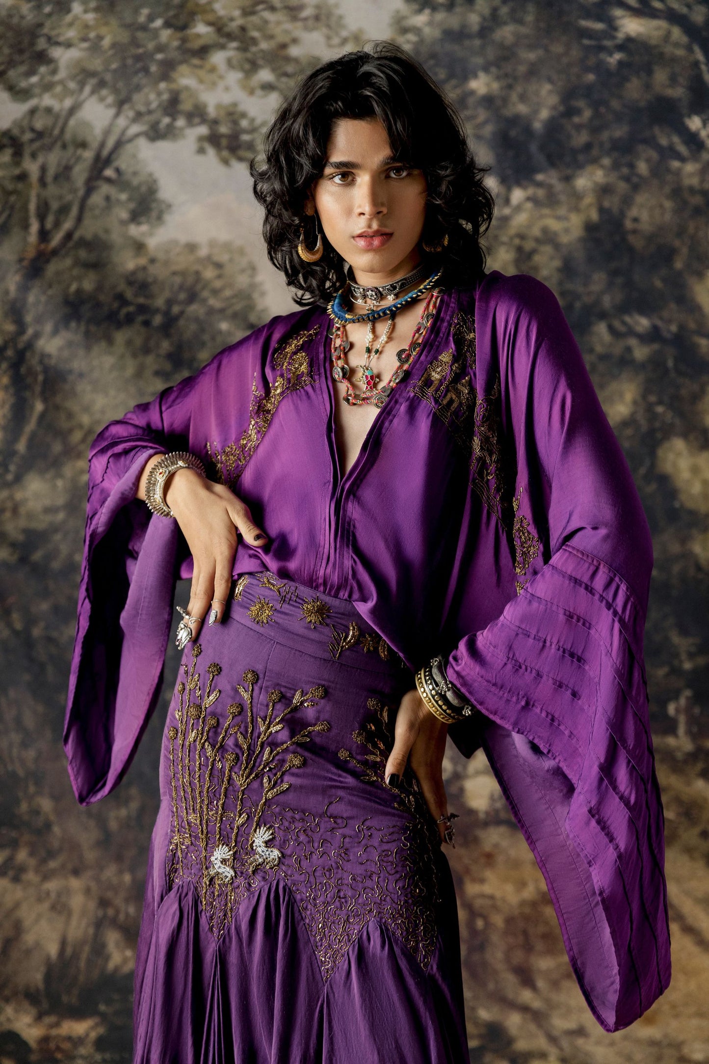 Model Wearing Elegant Lehenga Set for Women with Gold-Embroidered Kimono Top and Layered Lehenga