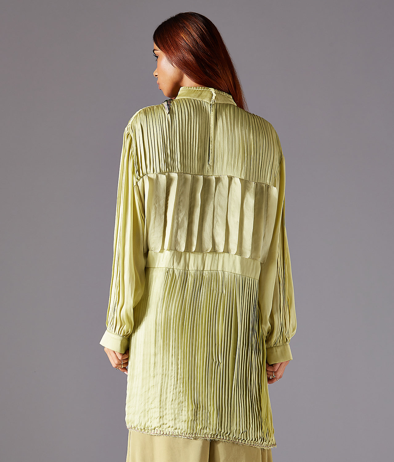 Back View of Furrow Trunk Top with Ruffled High Neck & Balloon Crop Pants - Elegant Women's Designer Wear