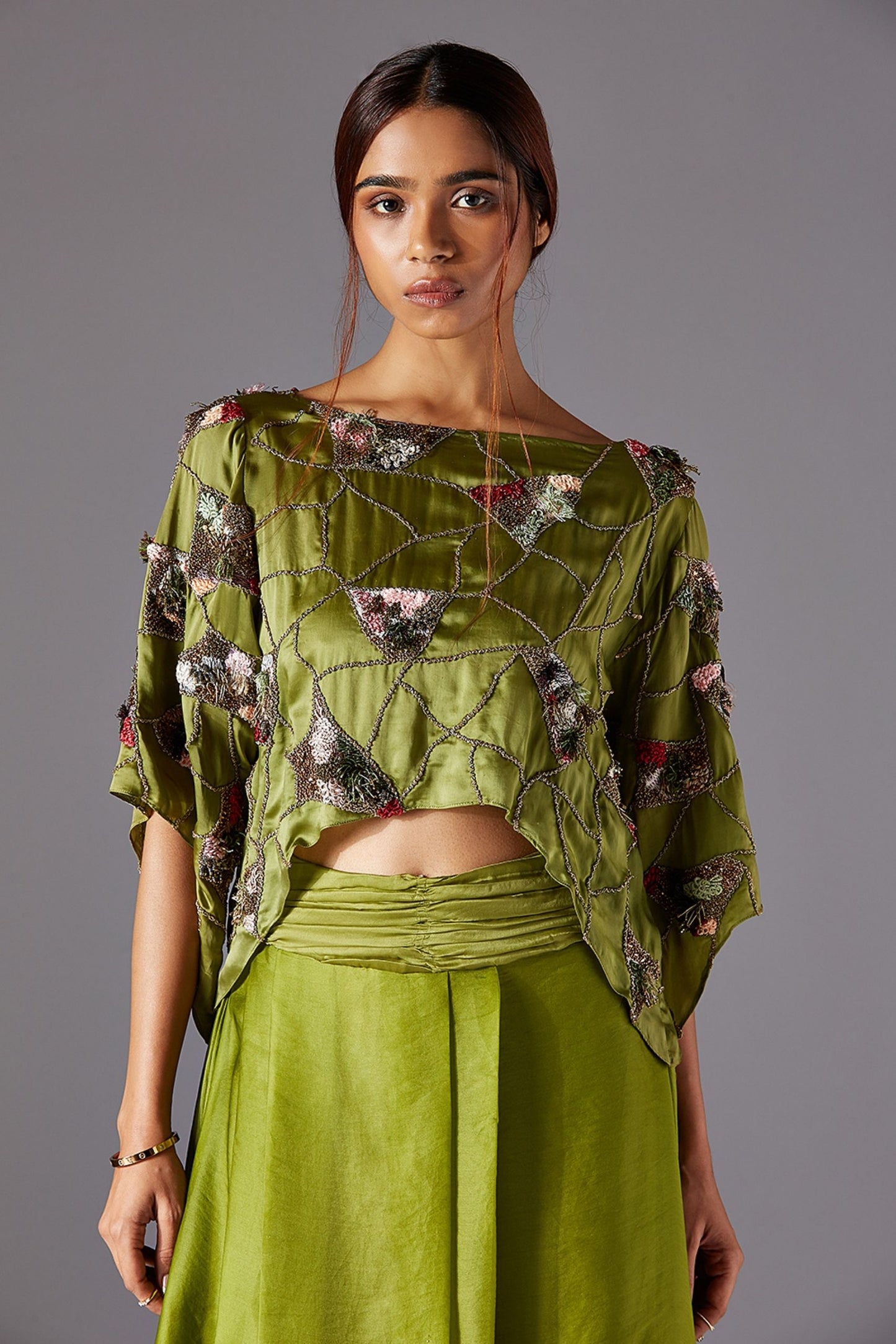 Elegant Green Satin Crop Top with Boat Neckline & Jacobean Hand Embroidery - Luxury Women's Fashion