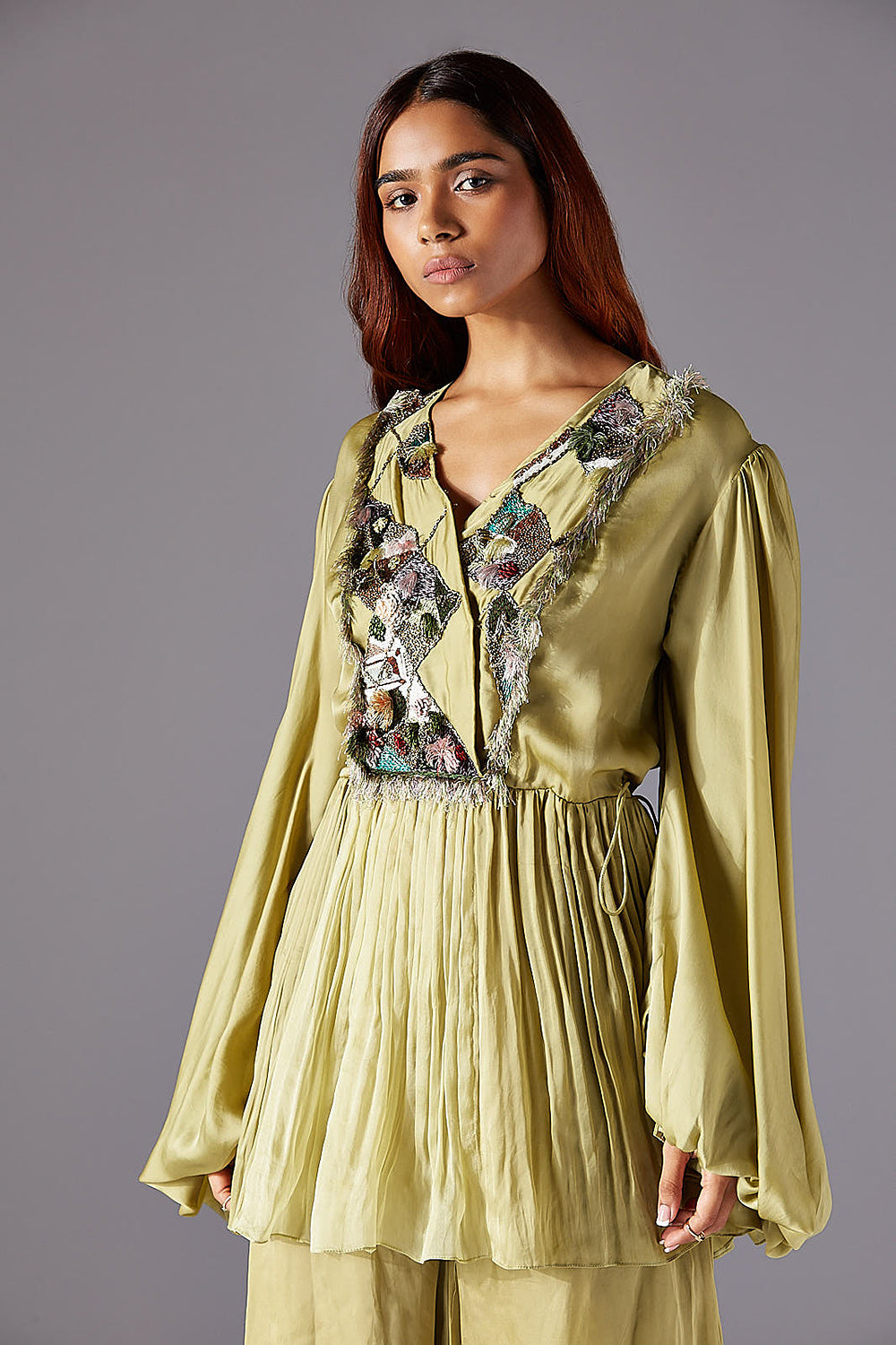 Jacobean Embroidery on Minicoy Satin Flare Wrap Dress - Elegant Designer Wear for Women
