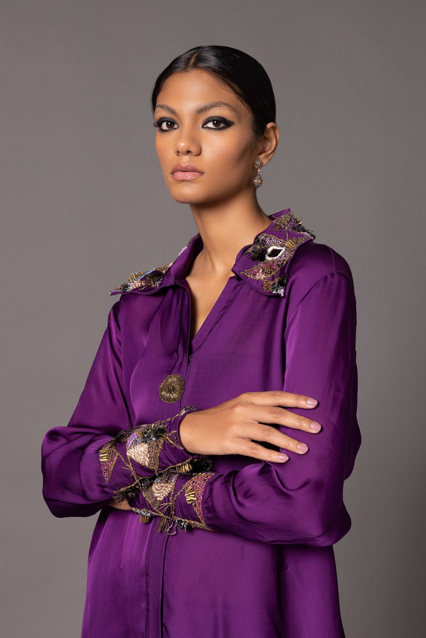 Embroidered Collar on Purple Shirt-Kurta with Jacobean Handwork - Elegant and Trendy Women's Shirt