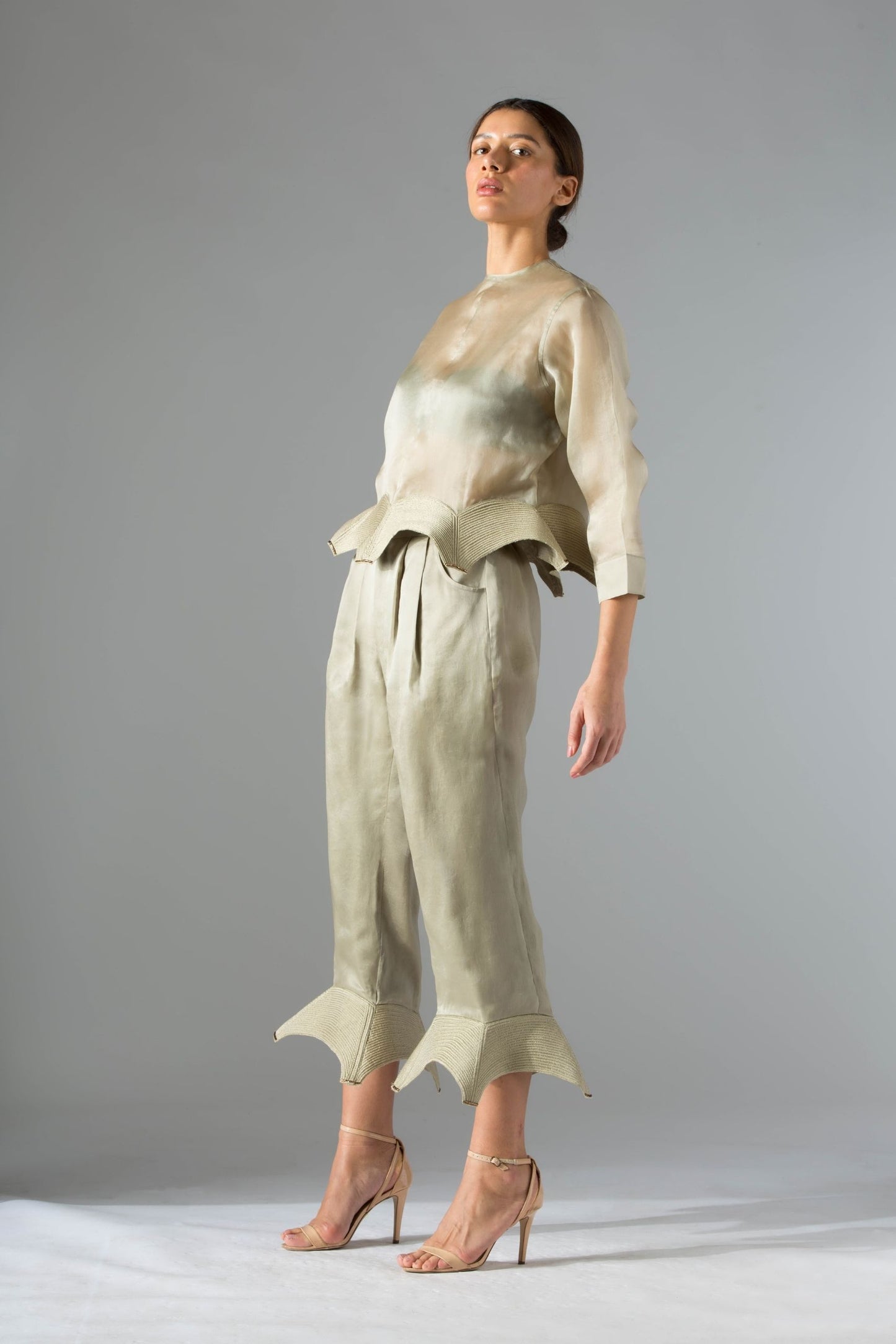 Side view of the co-ord set for women, focusing on the flattering silhouette and rope-inlay details of the Jack-ups and shirt
