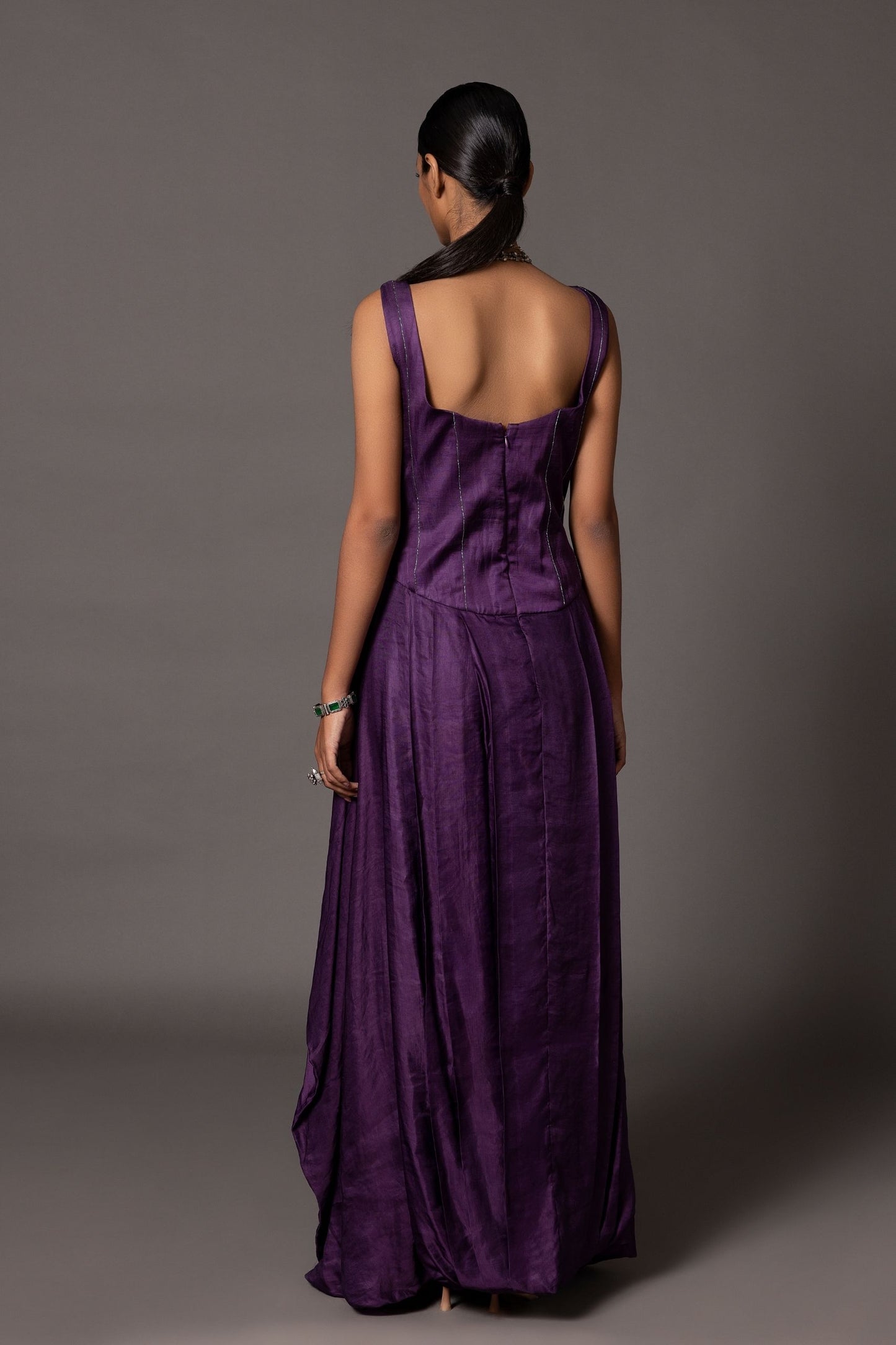 Back view of the Roma Purple Corset Gown, showcasing the clean lines and luxurious fit