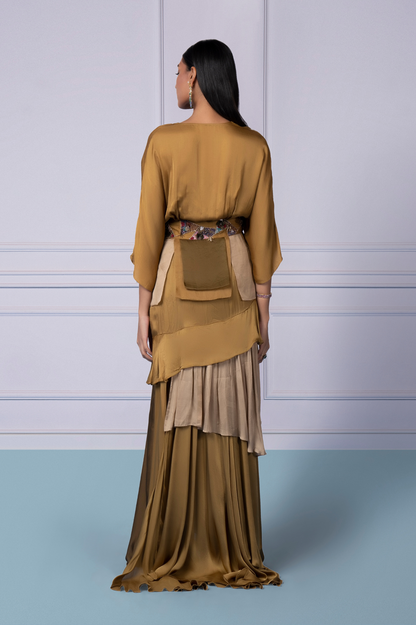 Back view of the Bhutani top and frill skirt set, showing the elegant fit and beautiful embroidery details