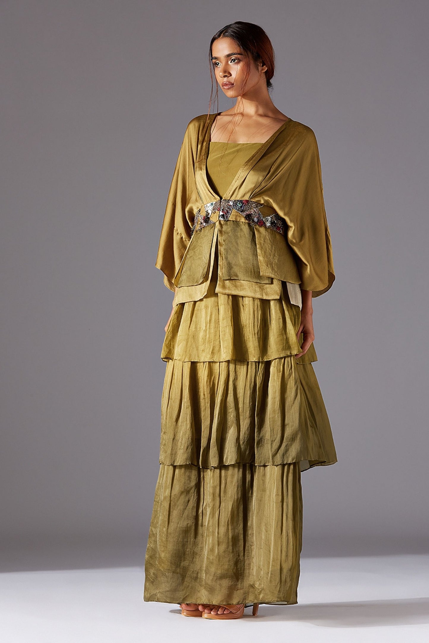 Full View of Topiary Bhutani Peplum Top and 3-Tiered Ankle Length Dress with Concealed Zip