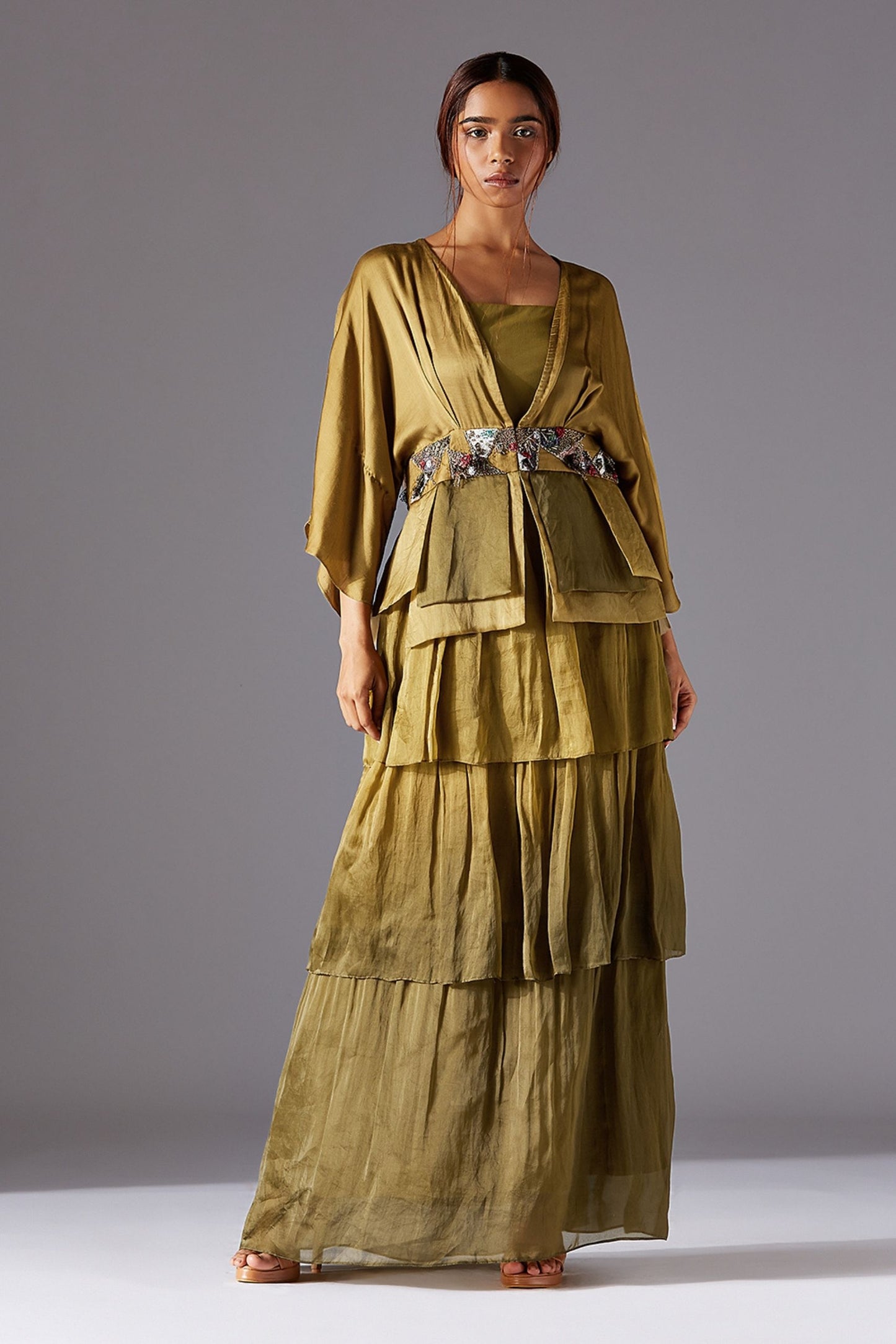 Topiary Bhutani Top & 3-Tiered Ankle Length Dress Set with Jacobean Handwork and Dip Dye