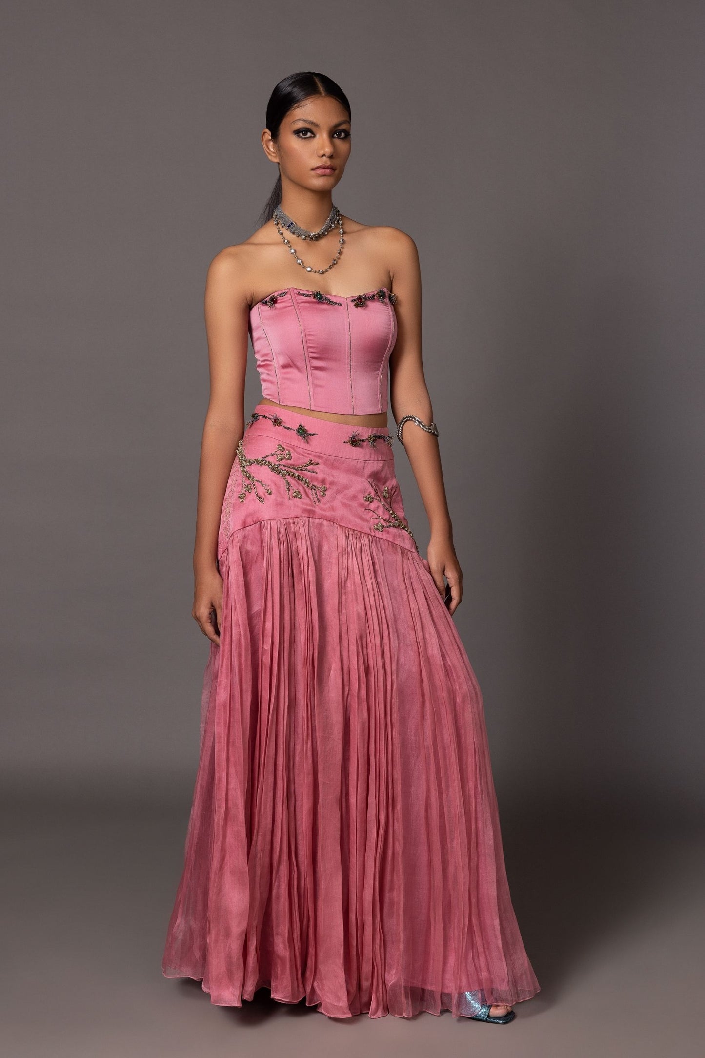 Kaner Pink Corset Top & Skirt featuring natural stone embroidery, metallic work, and a fit & flare silhouette in luxury designer wear