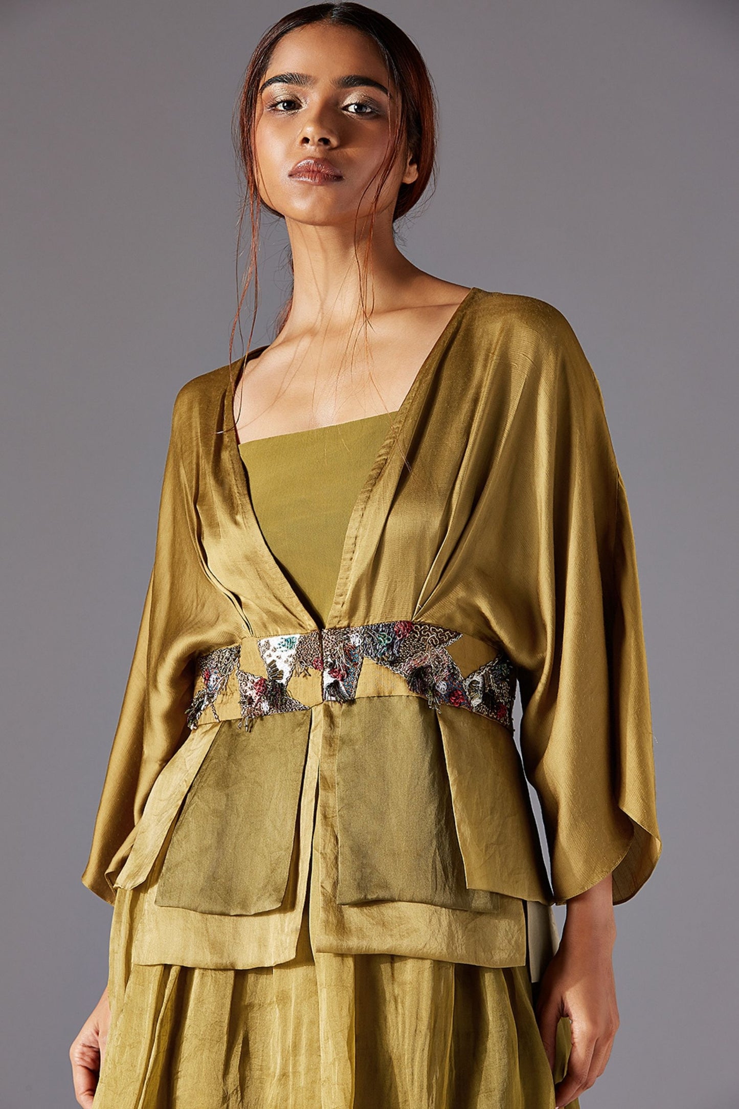 Detailed Focus on Dip Dye Effect and Jacobean Handwork on Topiary Bhutani Top & 3-Tiered Dress