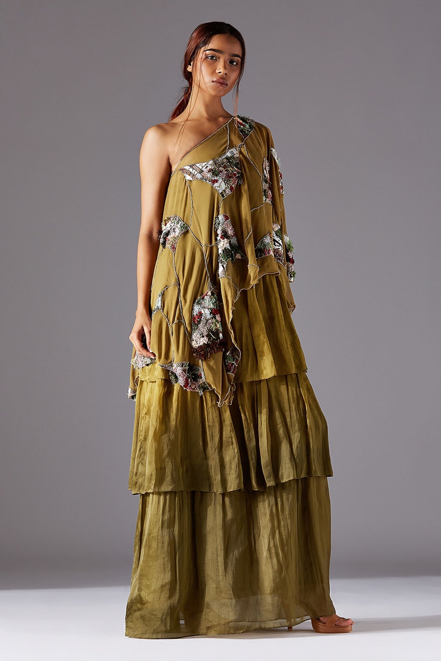 Full View of One Shoulder Cape & 3-Tiered Ankle Length Dress with Dip Dye and Concealed Zip