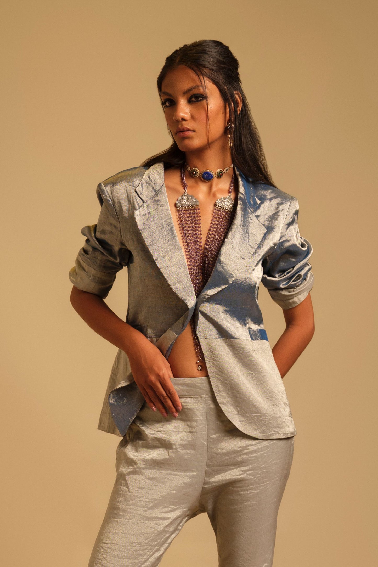Pichola Blue Chanderi Luxury Blazer for Women - Stylish 2-Tone Blazer with Classic Construction