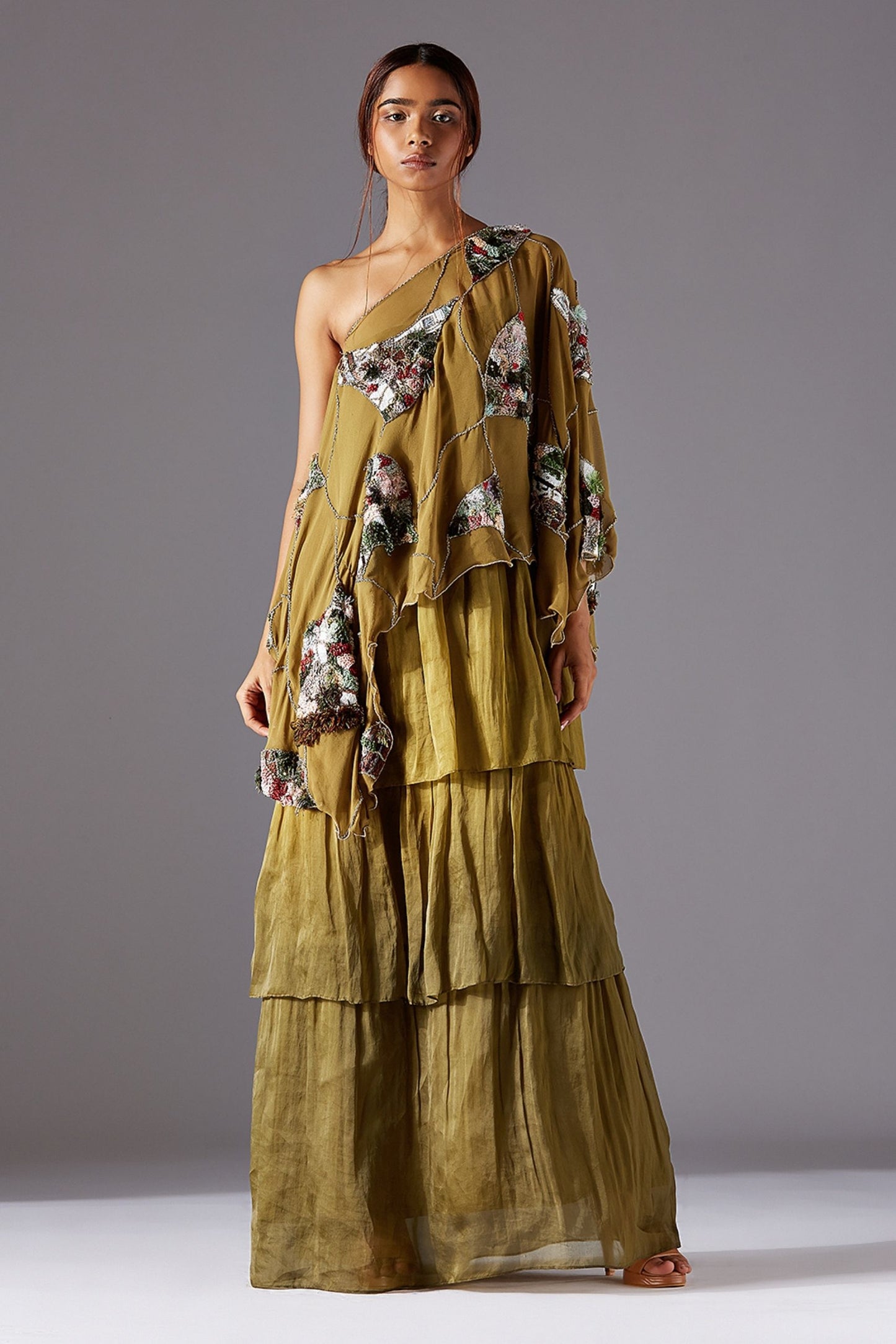 One Shoulder Cape & 3-Tiered Ankle Length Dress with Asymmetrical Hemline and Jacobean Handwork