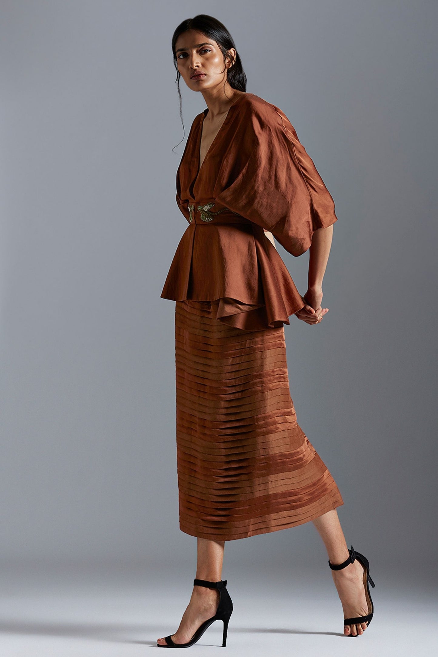 Kimono sleeve top and pleated skirt set for women with handmade embroidery, perfect for a sophisticated look