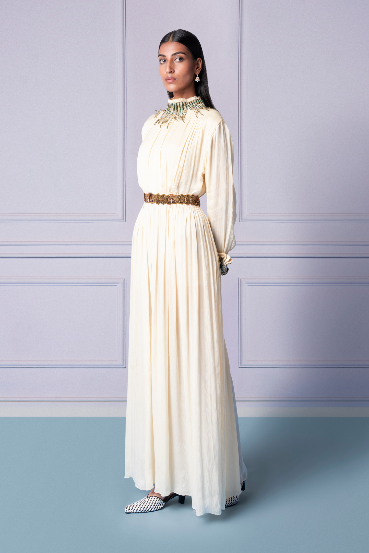 Full view of Rumi Ivory gown with belt and luxury design for women