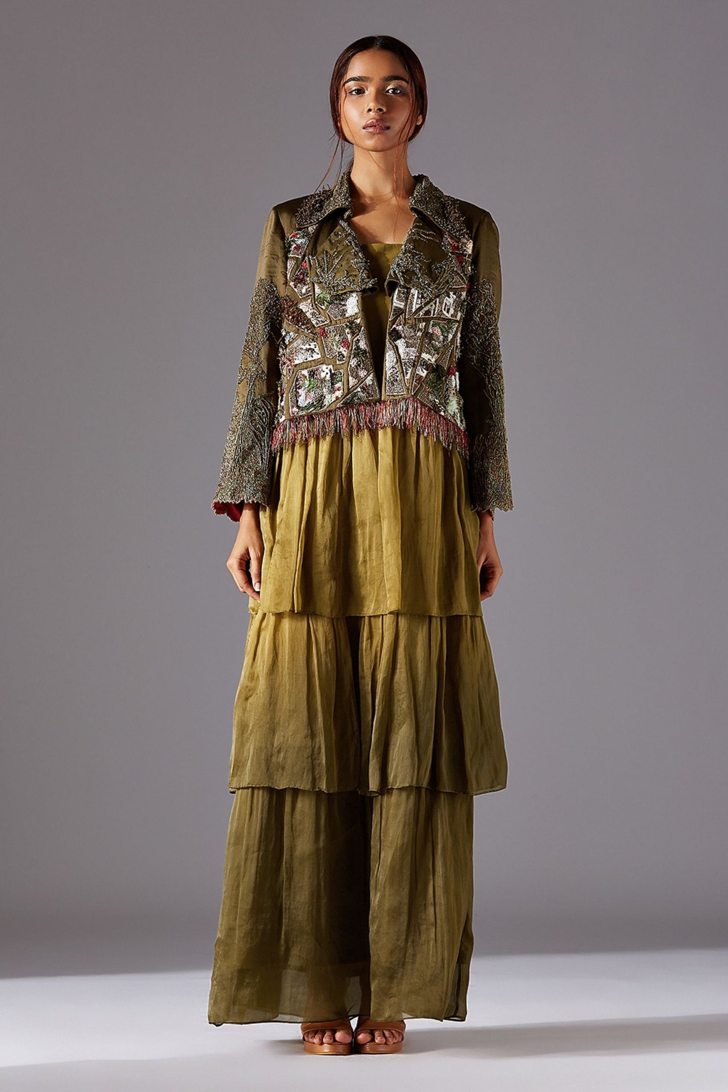 Embroidered Earth Jacket paired with 3-Tiered Ankle Length Dress featuring Jacobean Handwork and Dip Dye