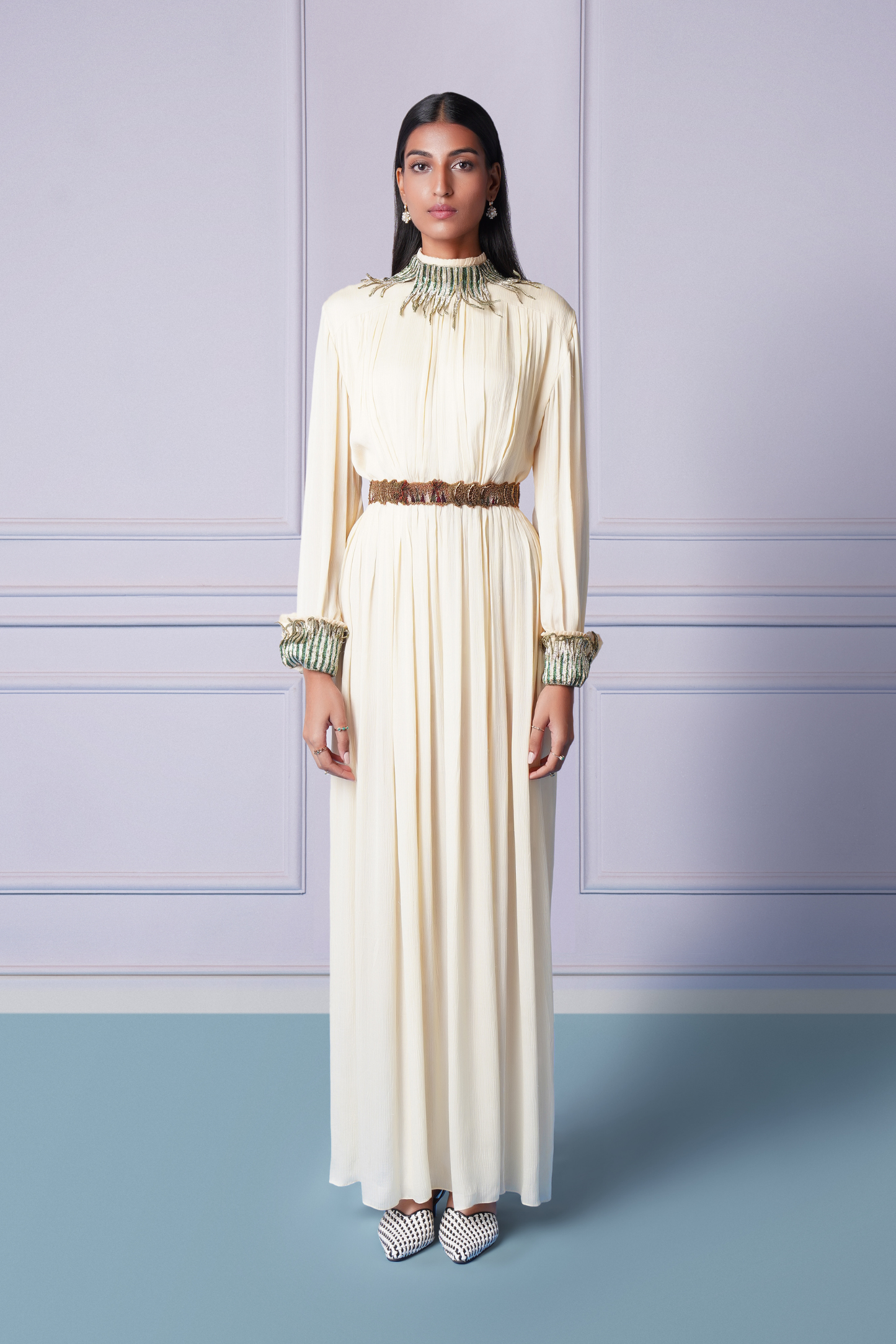 Stylish Rumi Ivory gown with dual-tone metallic embroidery and chic belt for women