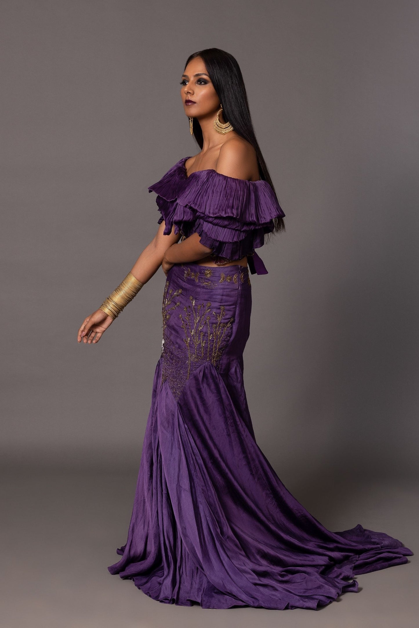 Side view of the Purple Gill Fungi Textured Designer Crop Top, showing the fit and layered ruching details