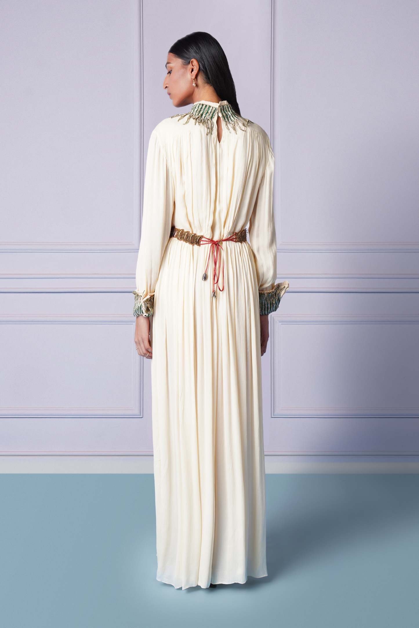 Back view of stylish Rumi Ivory gown with chic belt for women