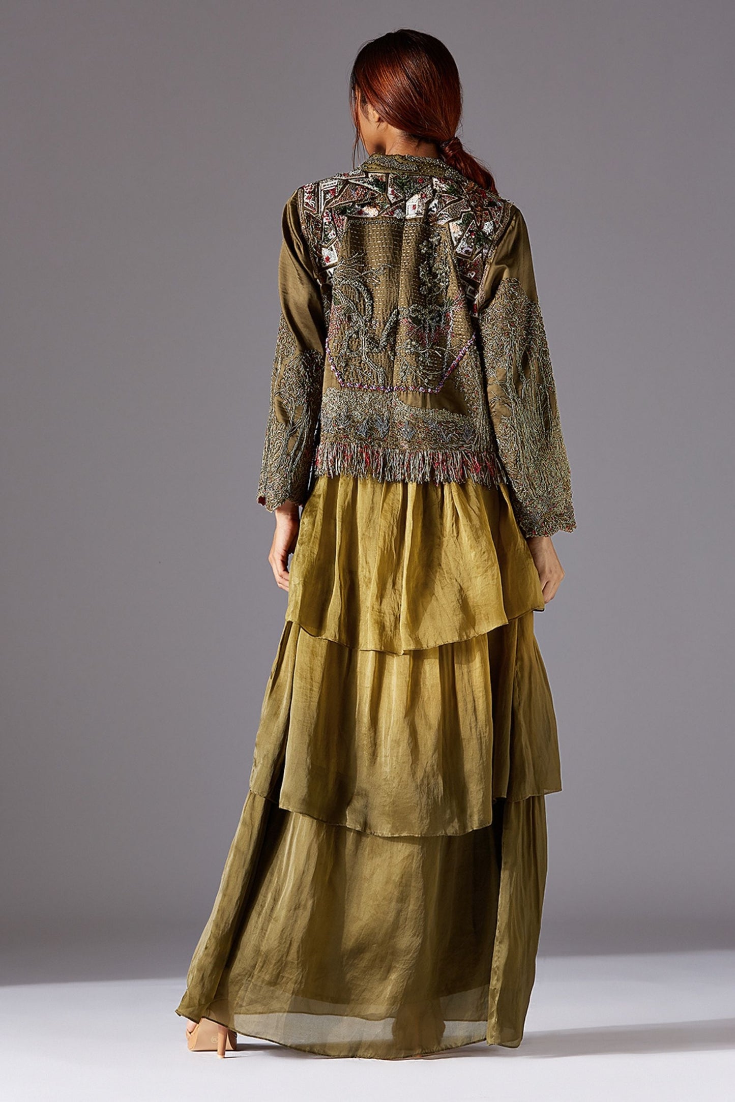 Back View of Embroidered Earth Jacket & 3-Tiered Dress with Jacobean Handwork