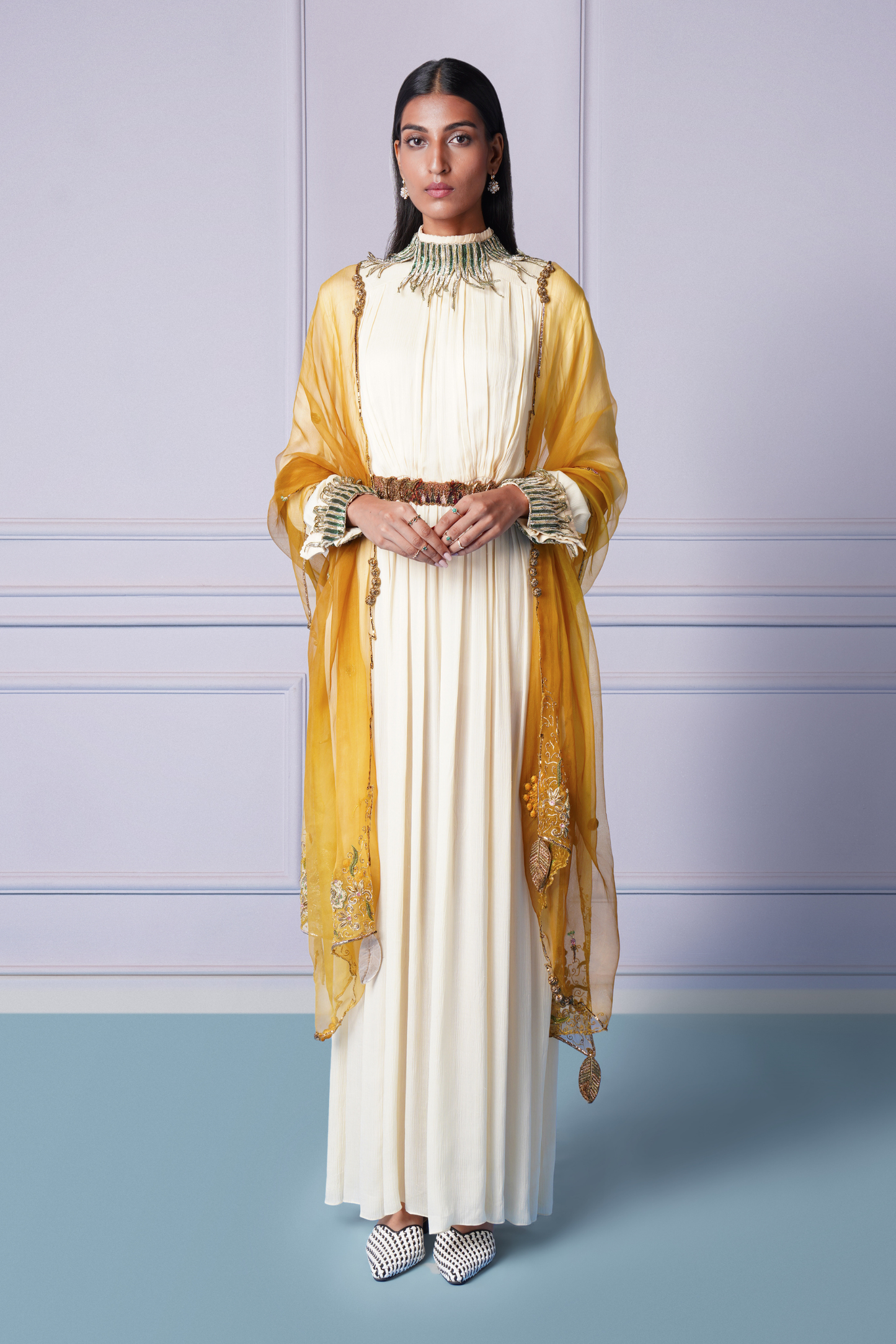 Stylish ivory gown with embroidered dupatta and metallic belt for women