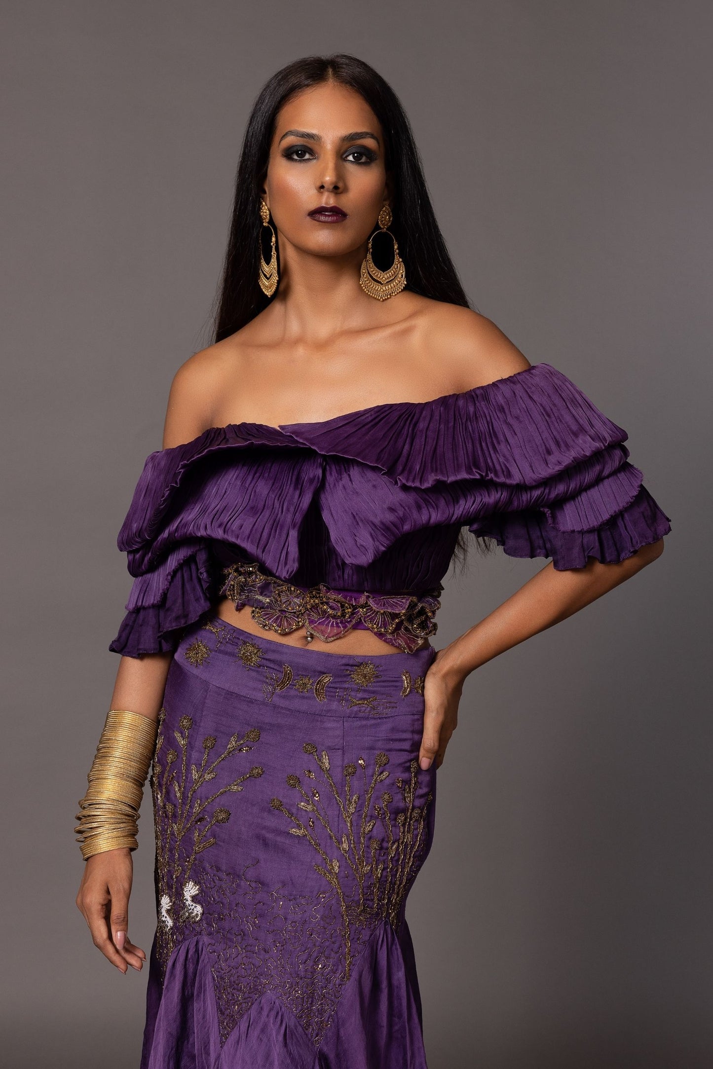 Purple Gill Fungi Textured Designer Crop Top for women, featuring layered ruching and a structured silhouette with an off-shoulder design