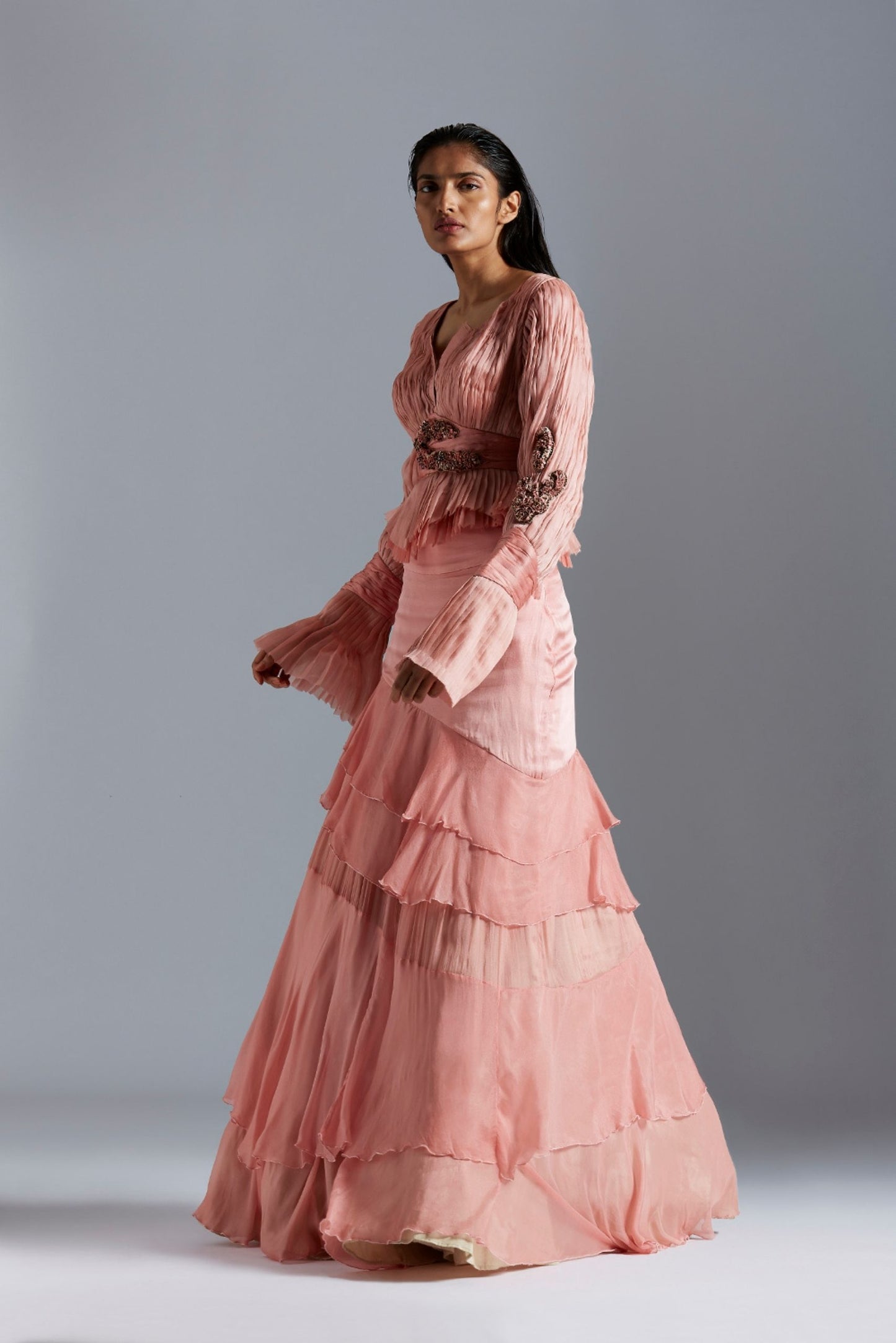 Peplum top with Victorian sleeves and flared satin organza skirt for women, a modern and stylish set