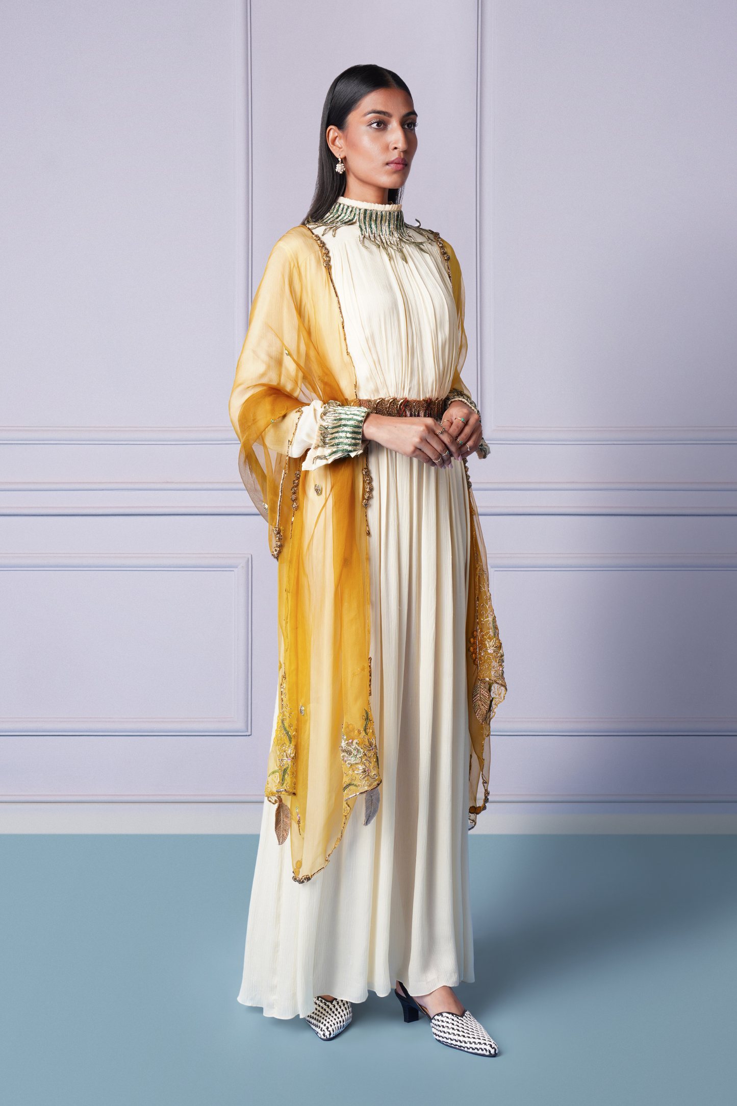 Full view of the ivory gown with embroidered dupatta and chic belt for women
