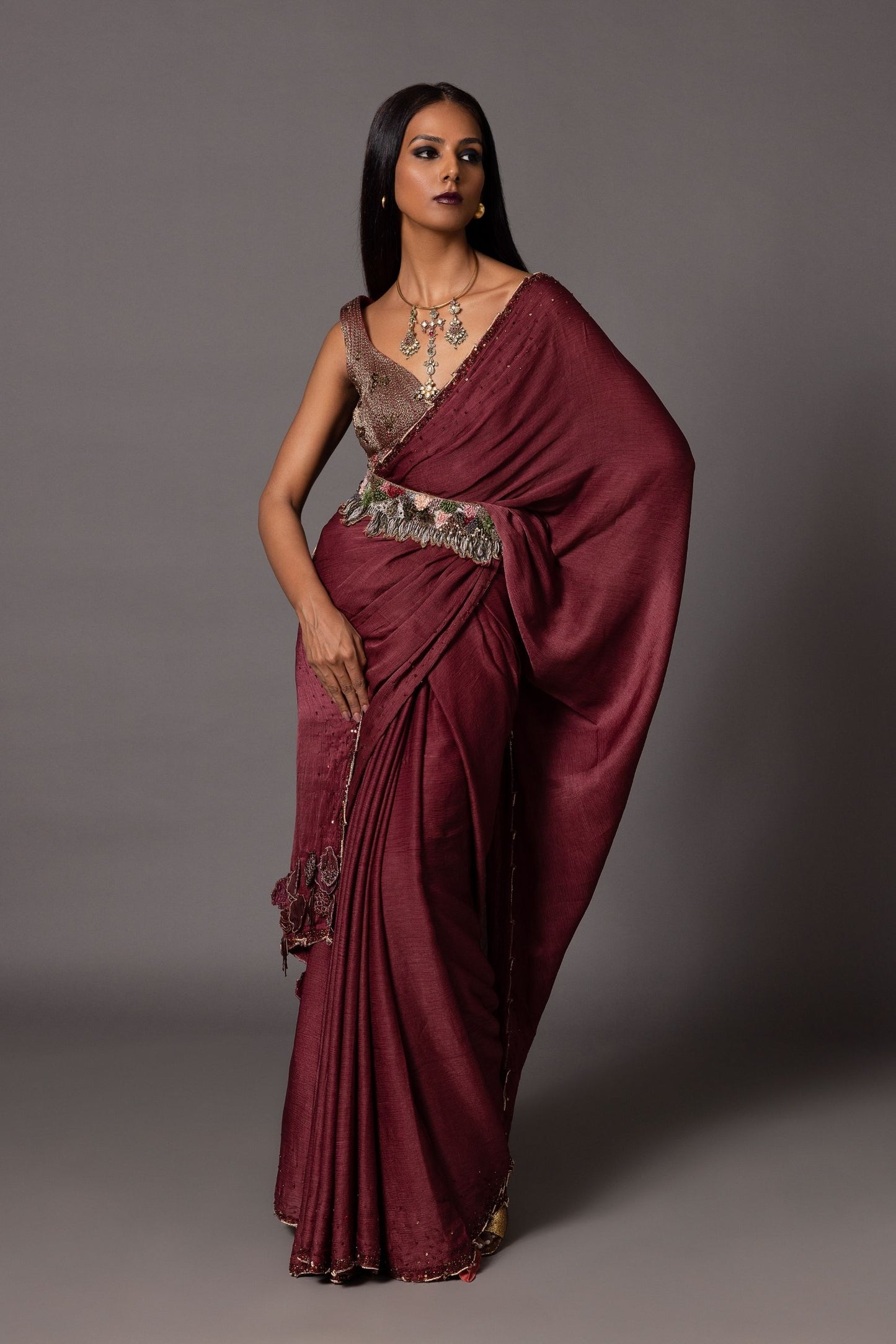 Minikin Navratna Belt, hand-embroidered with multi-colored thread and 3D metallic designs, offering a stylish luxury touch for women from A Humming Way