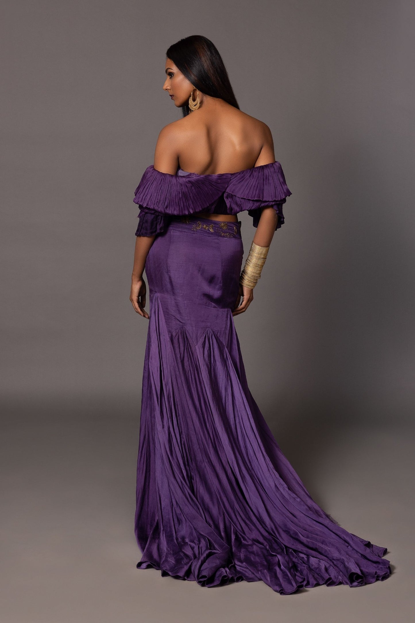 Back view of the Purple Gill Fungi Designer Off-Shoulder Crop Top, emphasizing its structured silhouette and sleek design