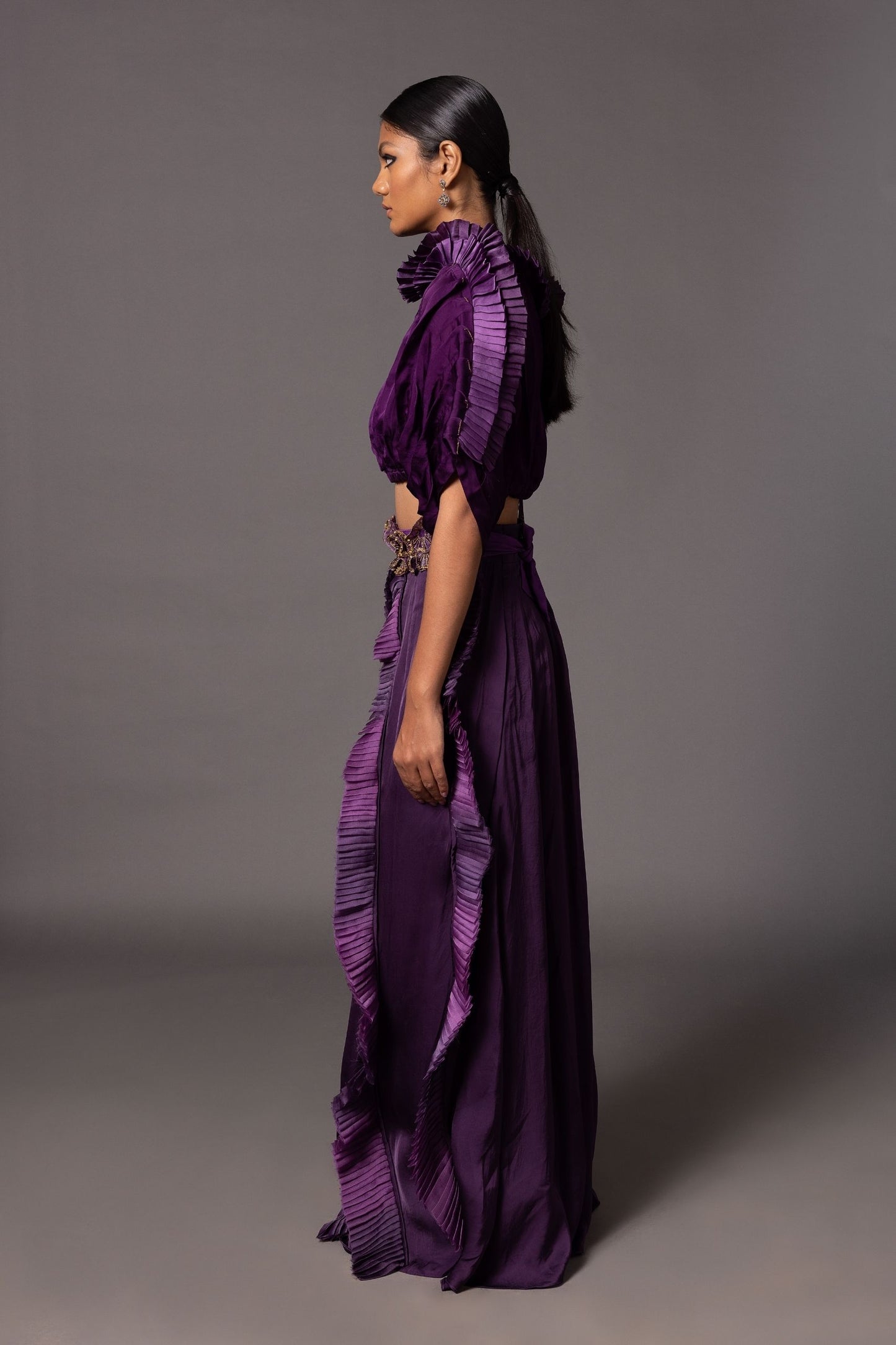 Side view of the Purple Mushroom Top and dip-dyed frill skirt, showing the flow of the skirt and pleats on the top