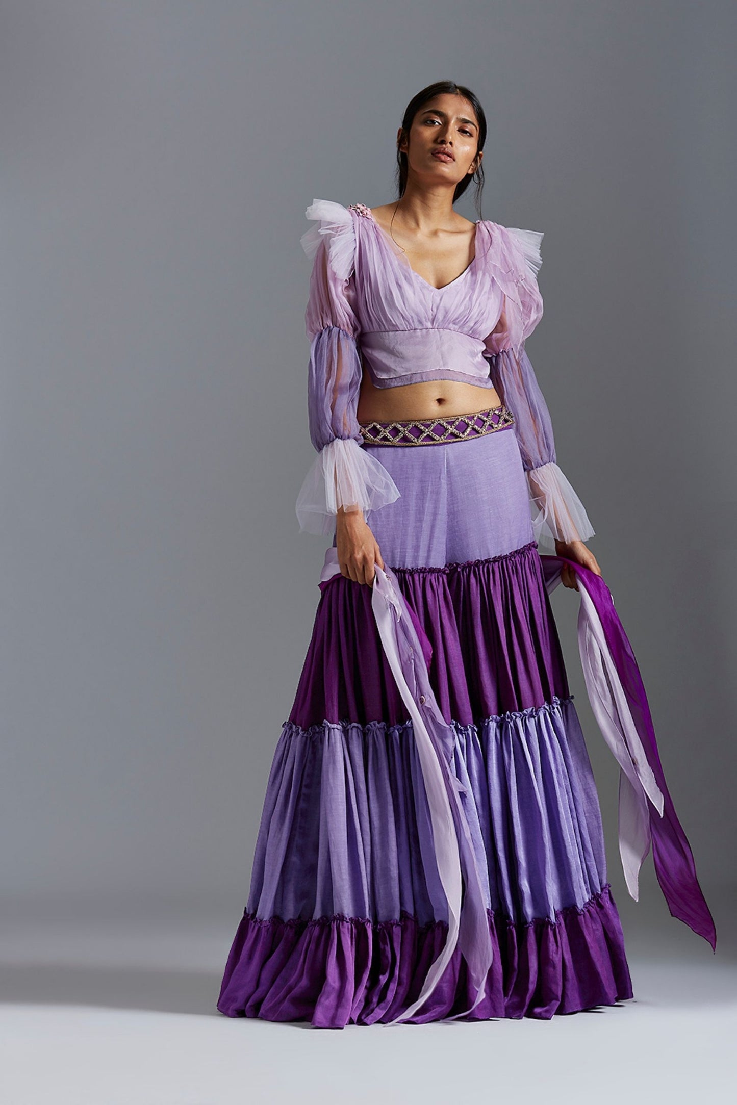 Blouse with sharara and dupatta featuring colorblocked sharara and handmade textures in luxe satin fabrics