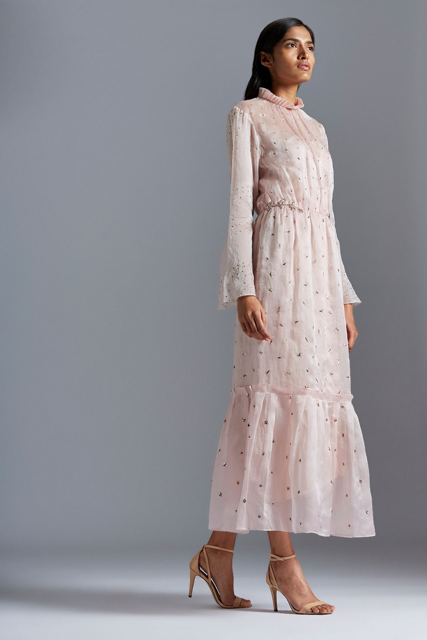 Sheer maxi dress for women with mukaish work and Victorian sleeves in satin organza