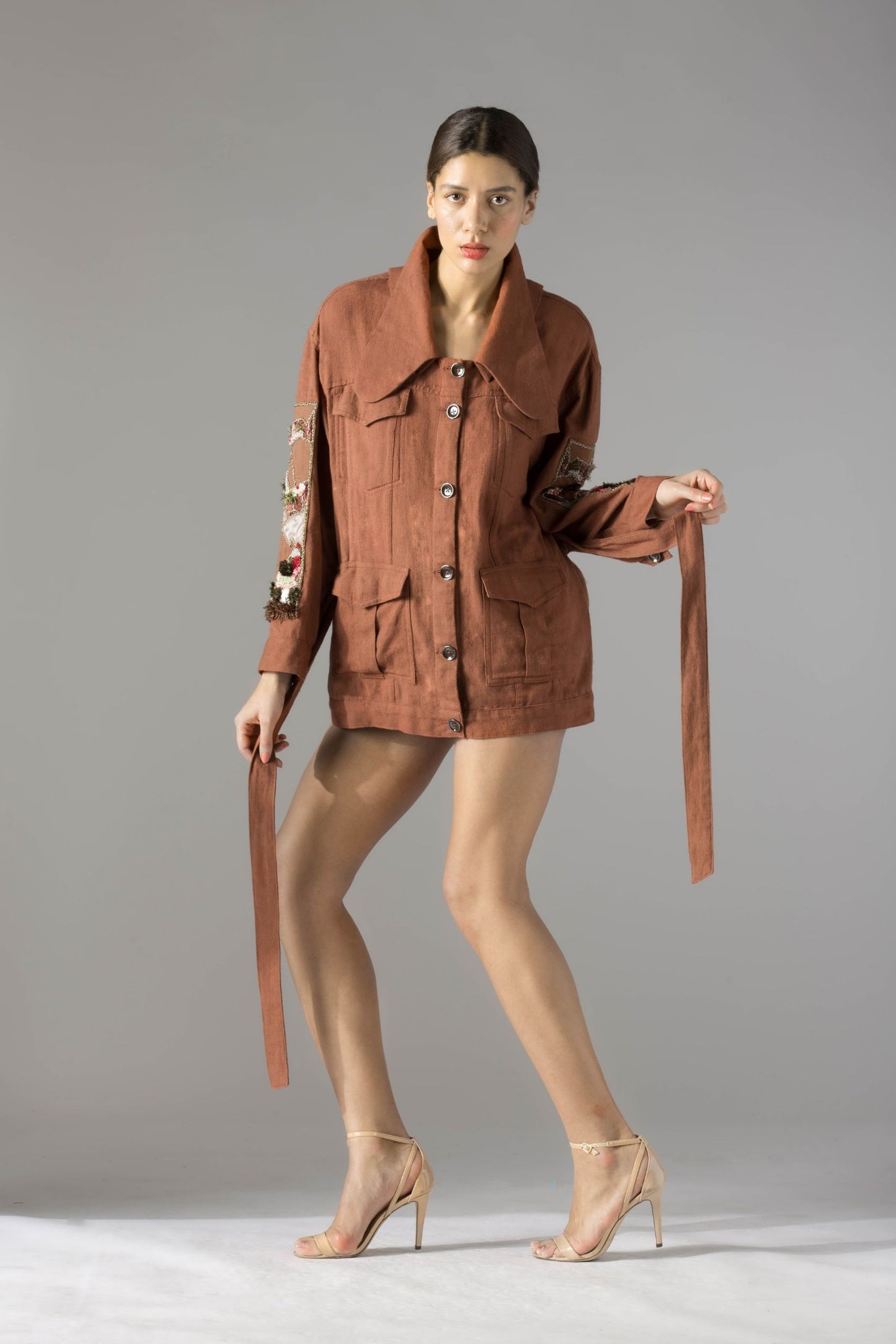 Stylish Maze Khadi shacket for women with intricate handwork and a tieable belt, offering a versatile and modern look