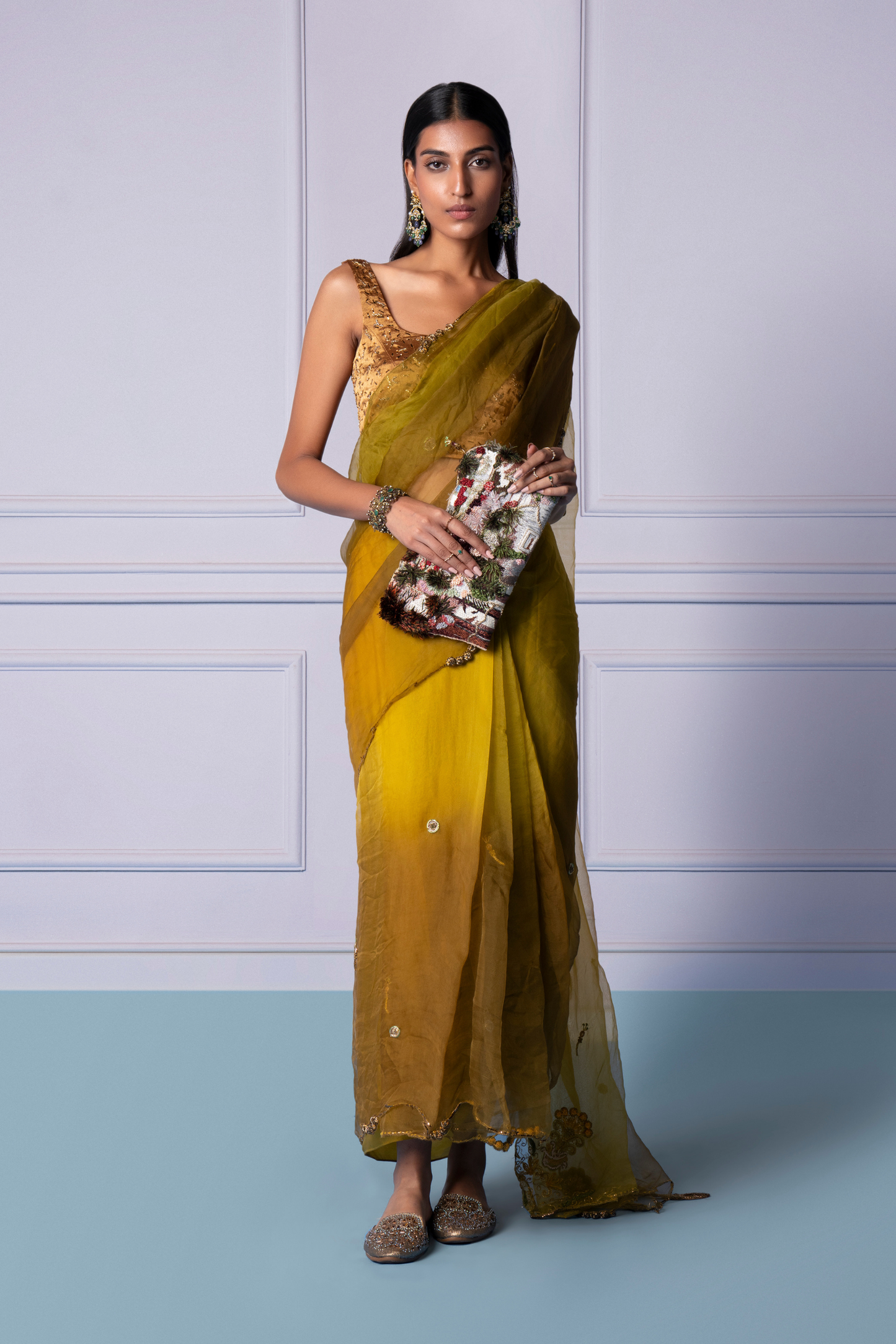 Dandelion Yellow embellished western saree with blouse and floral motifs