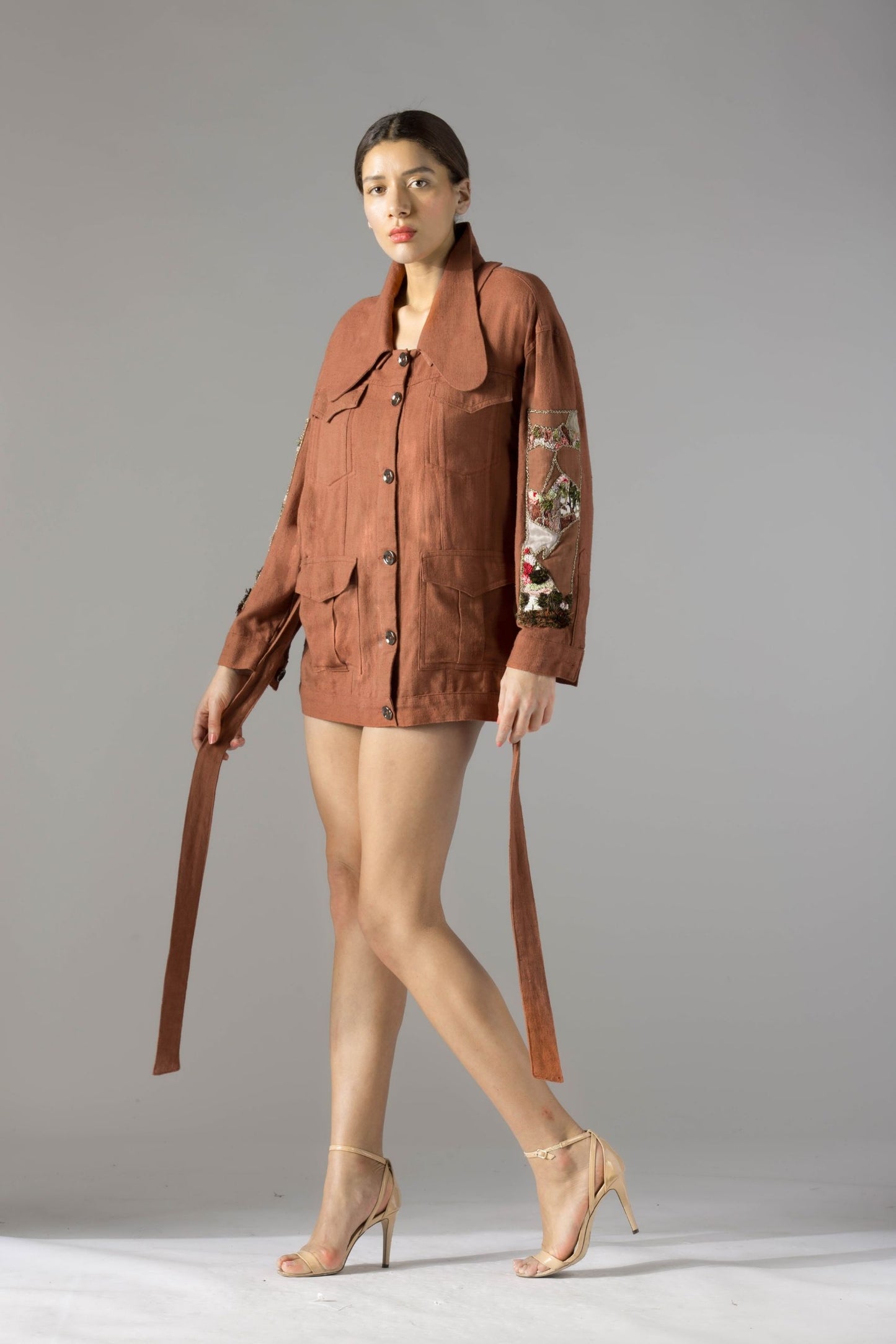 Stylish Maze Khadi shacket for women, featuring intricate handwork and a tieable belt, perfect for versatile modern fashion