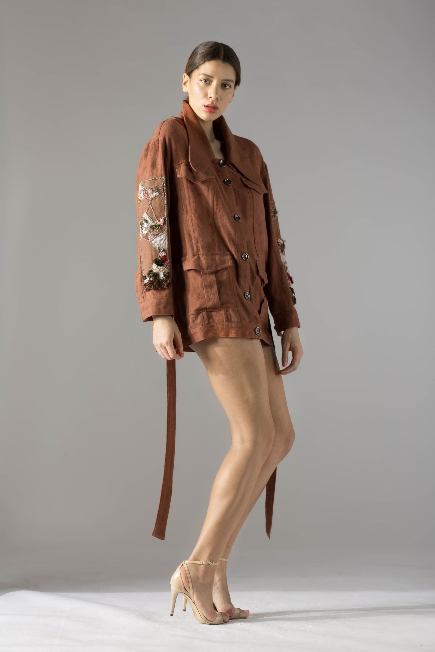 Full view of the stylish Maze Khadi shacket for women, showcasing its versatile design, handwork, and tieable belt