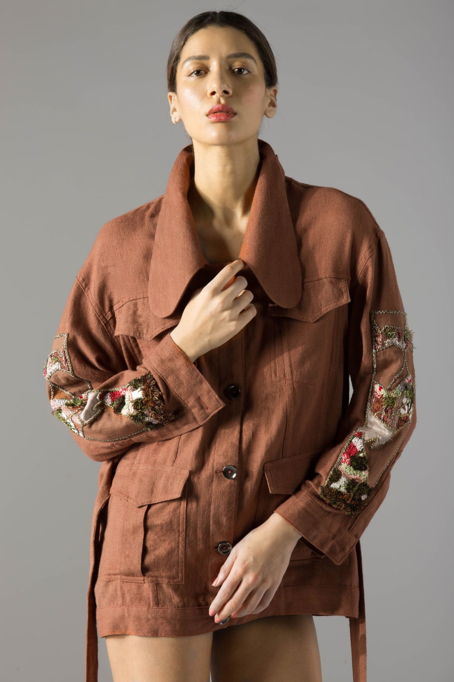 Close-up of the intricate handwork and detailing on the Maze Khadi shacket for women