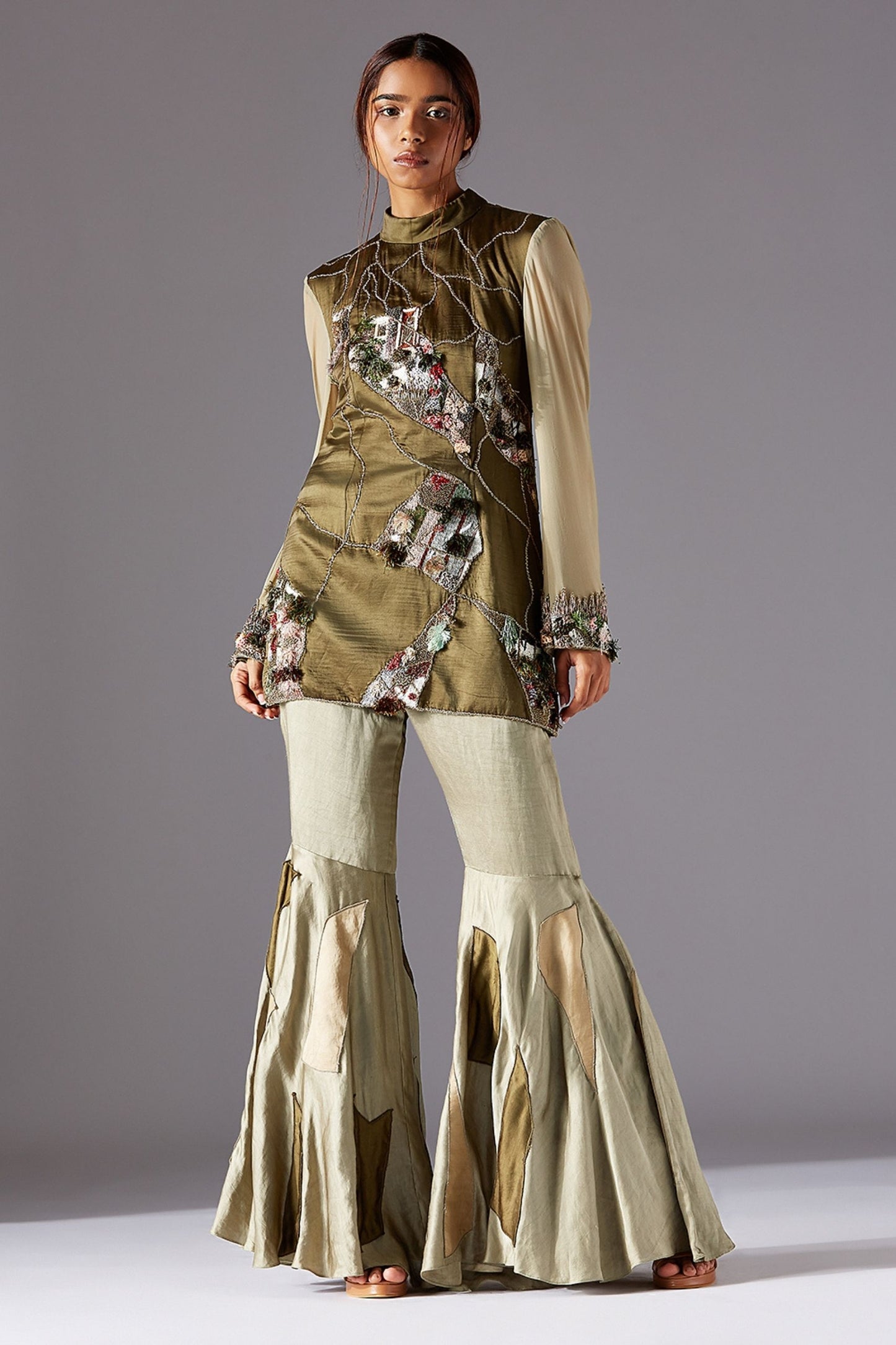 Embroidered High Neck Tunic with Jacobean Handwork Paired with Designer Sharara Dress featuring Abstract Patches