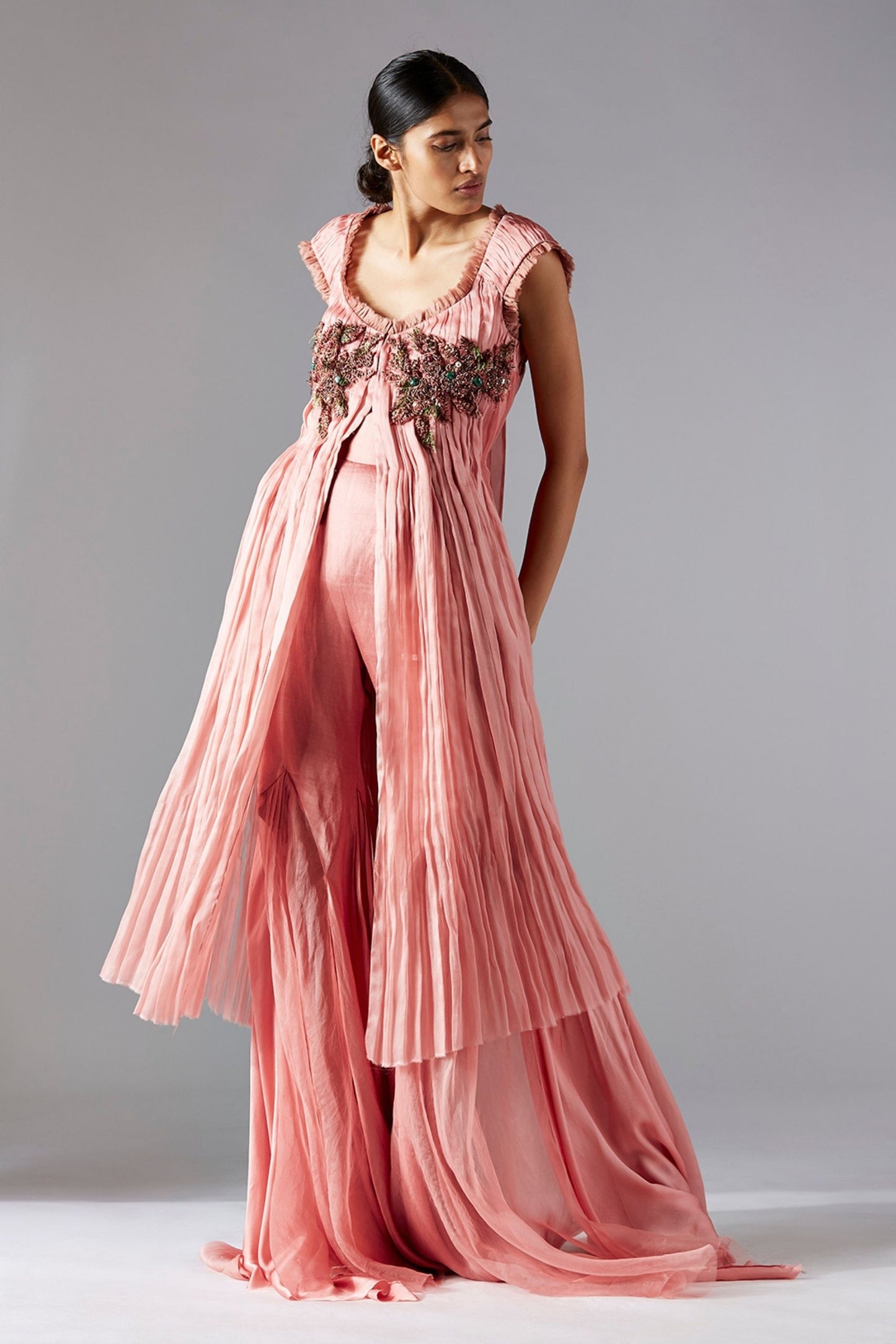 Stylish rouched top and flared trail pants set for women in satin organza, featuring handmade fabric manipulation for a chic modern look