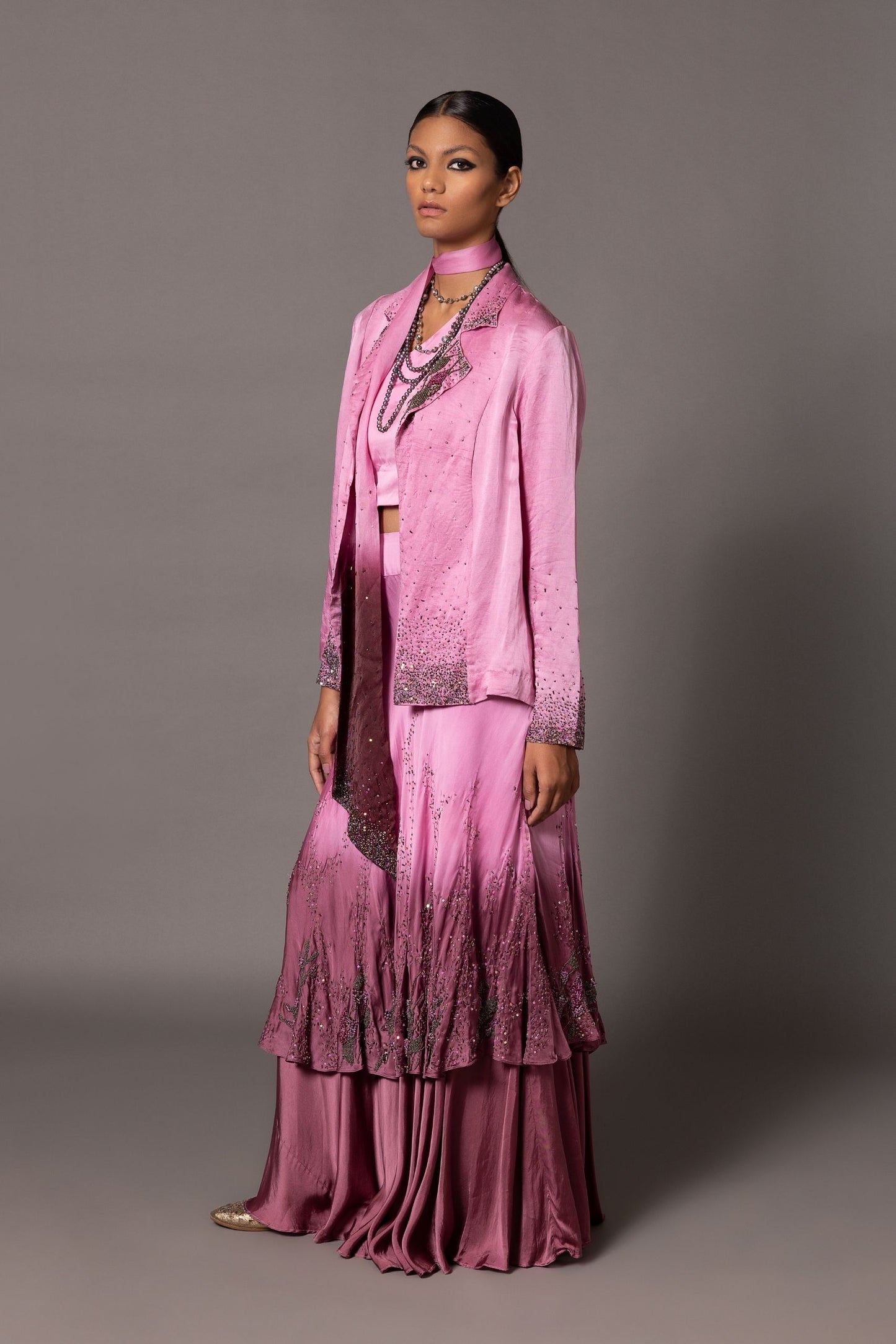 Embroidered Desert Rose Lehenga Set for Modern Women - Beaded Jacket and Ombre Skirt, Stylish Designer Lehenga Set