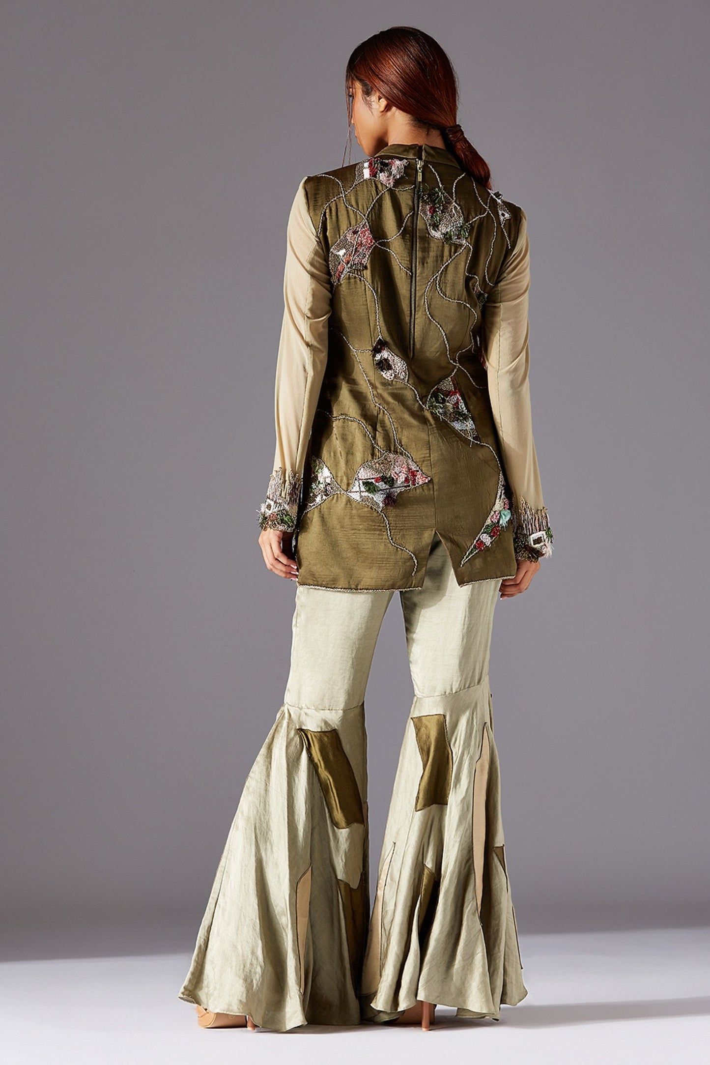 Back View of Embroidered Tunic and Designer Sharara Dress with Abstract Patches