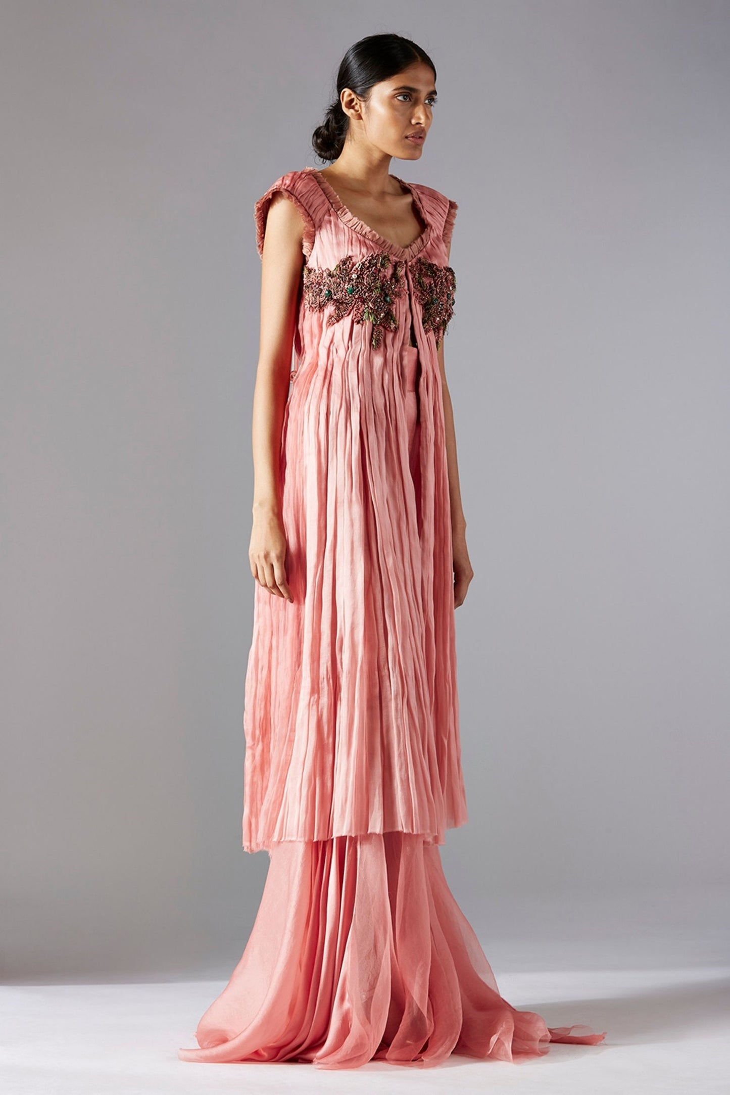 Full view of the rouched top and flared trail pants set for women, designed in satin organza for a chic, modern look