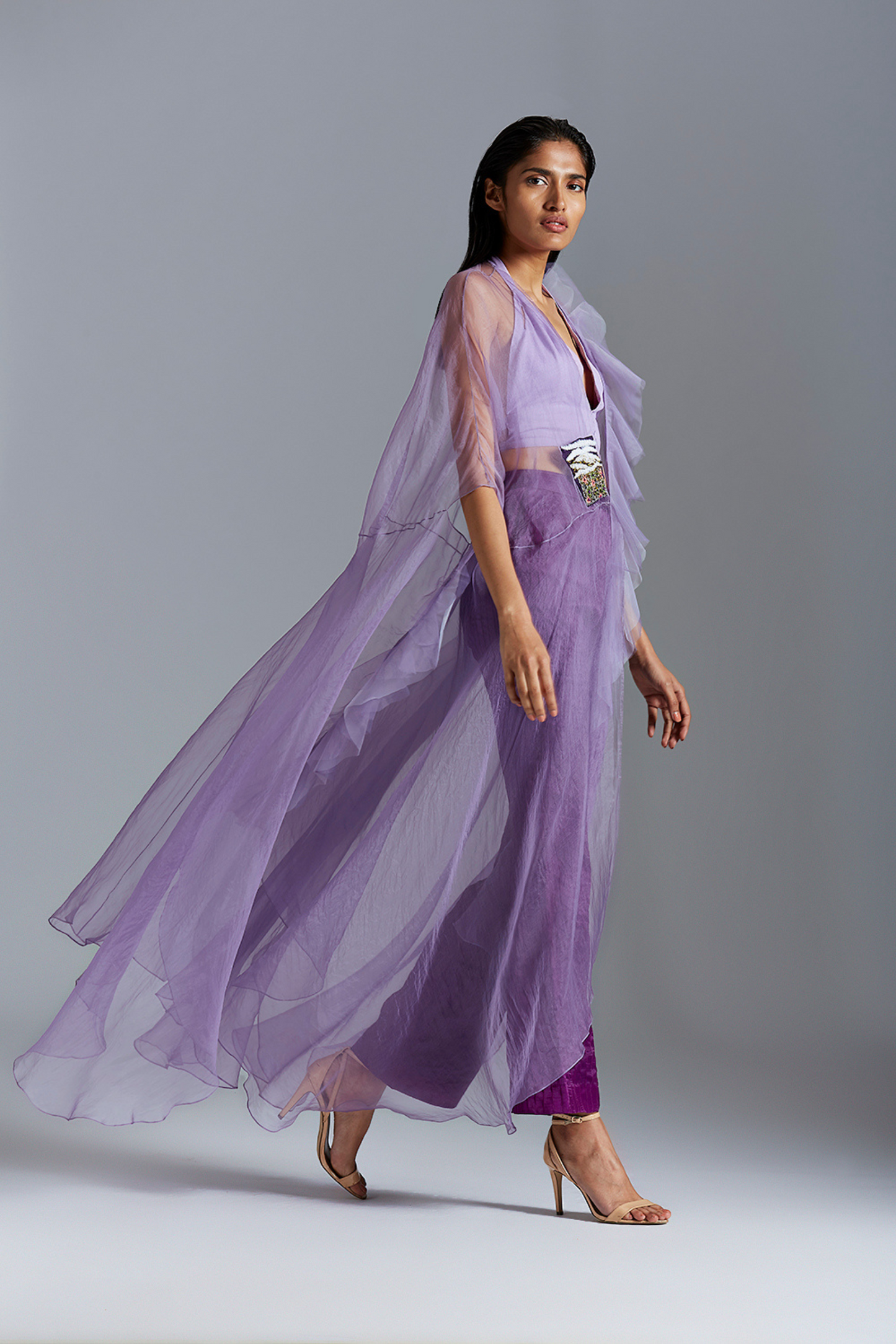 Elegant cape with satin pintuck pants, showcasing handcrafted embroidery for a chic and stylish look