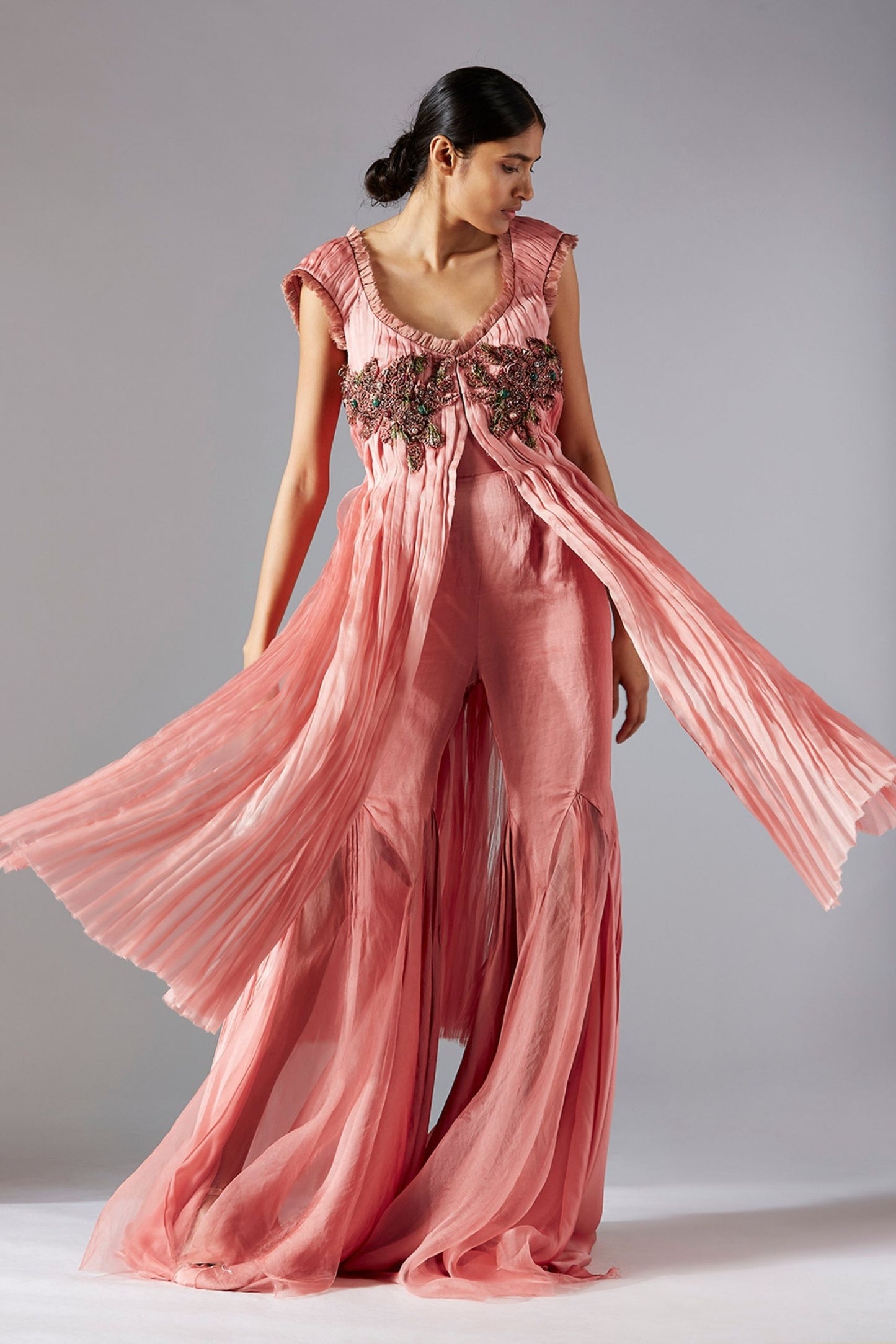 Rouched top and flared trail pants set for women in satin organza, featuring elegant fabric manipulation