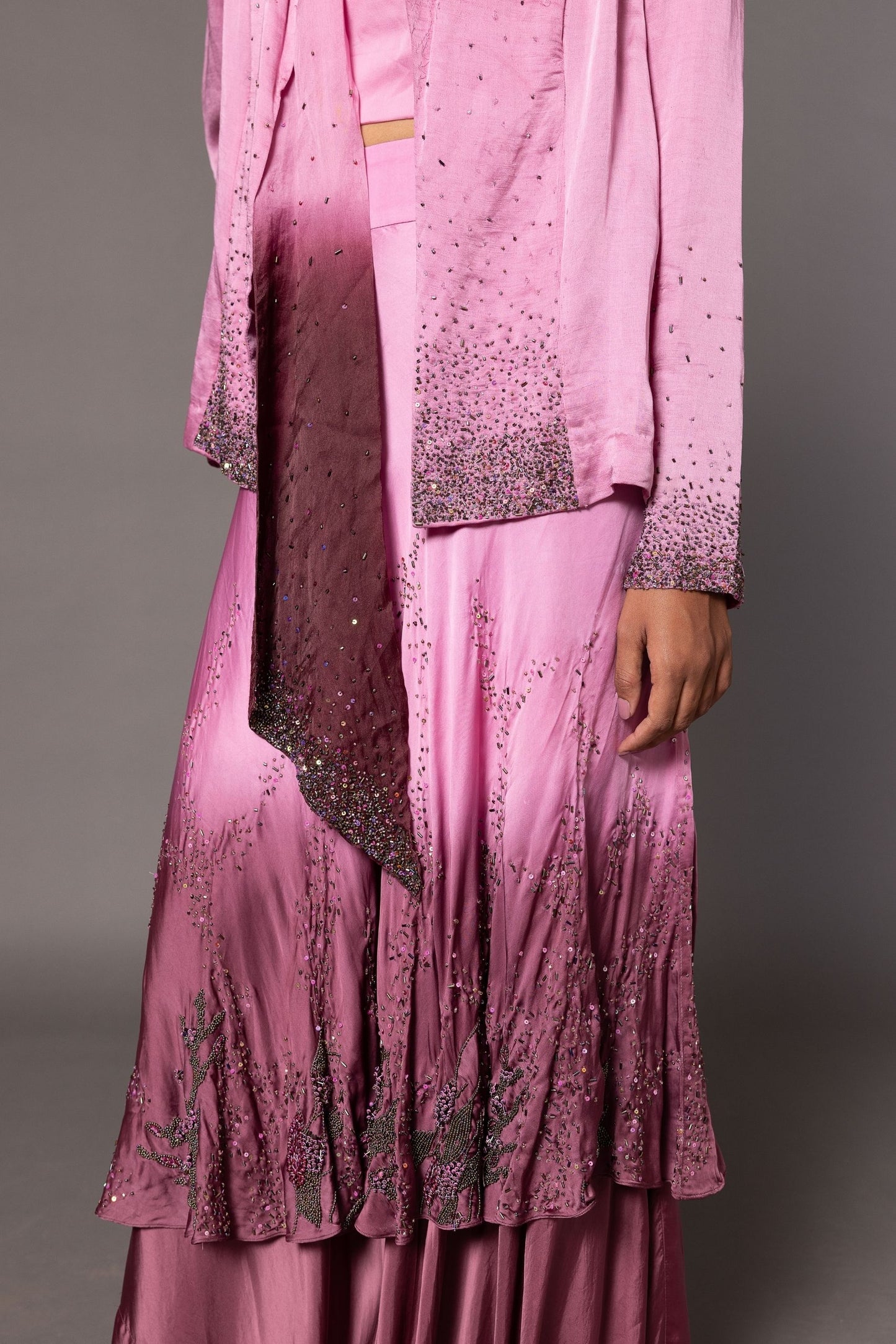 Focus View on Embroidered Details and Beading on Jacket from Desert Rose Lehenga Set